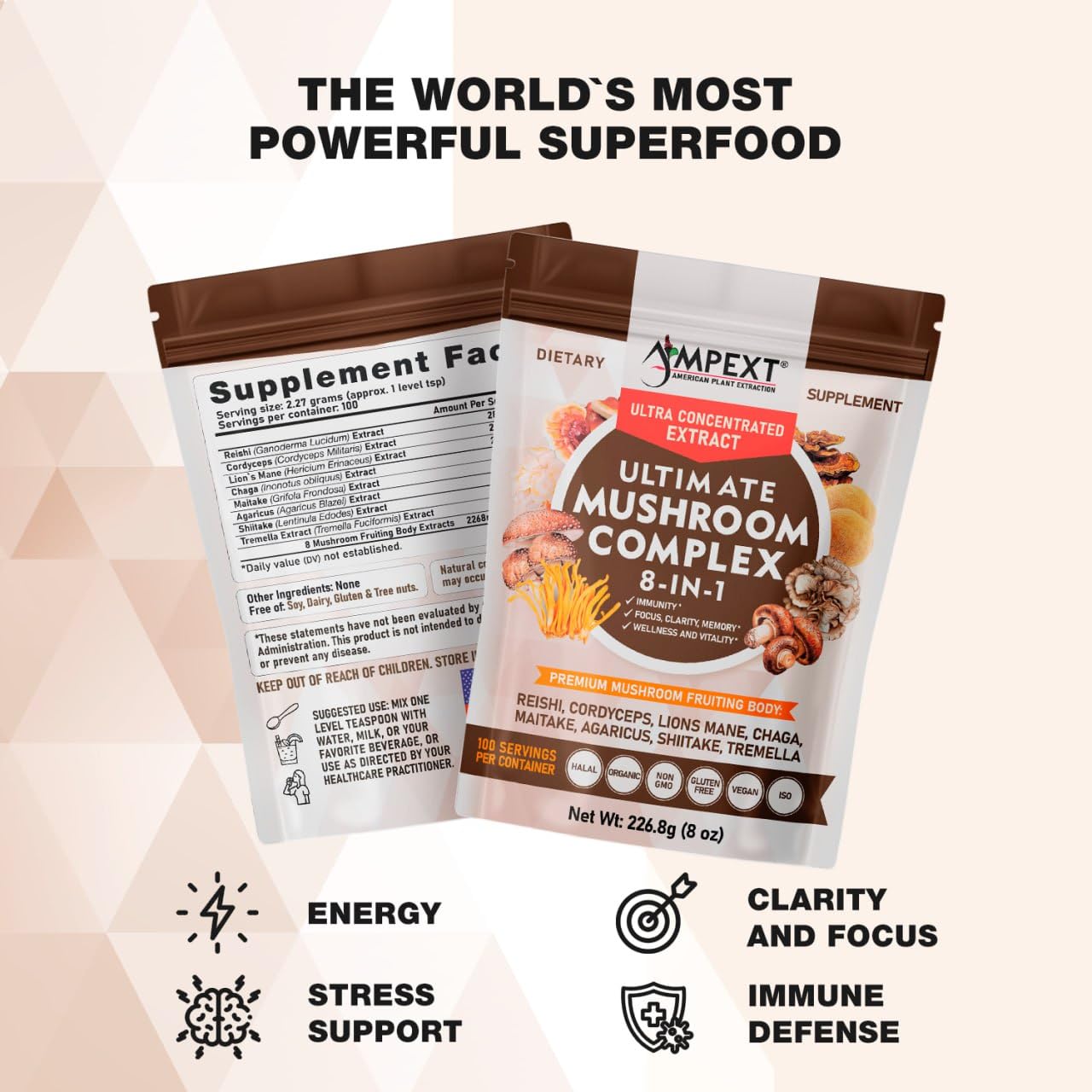 AMPEXT 8-in-1 Ultimate Mushroom Complex Powder, 8 Ounce