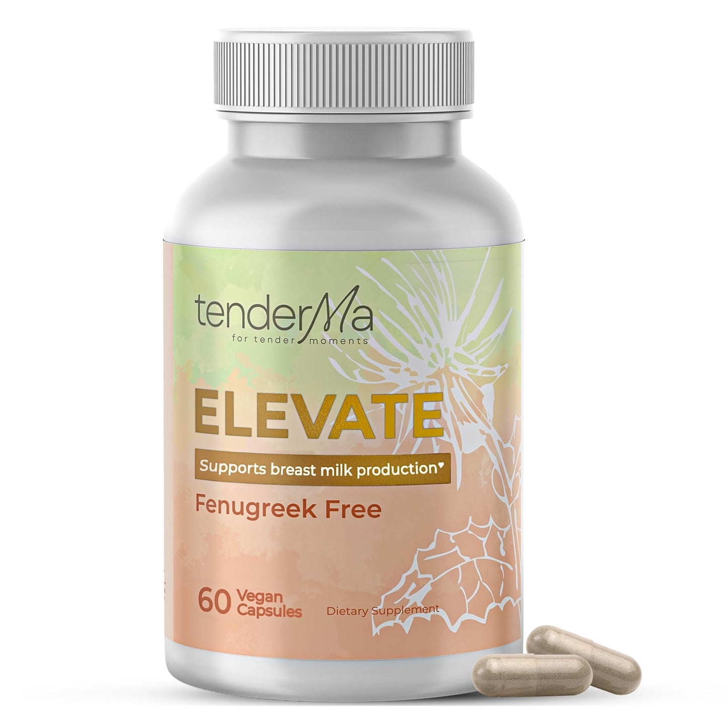 tenderMa Lactation Supplement Elevate Fenugreek-Free with Organic Goat’s Rue and Lion’s Mane, Blessed Thistle & Brewer’s Yeast, Vegan, Non-GMO, Herbal Breastfeeding Support, 60 Capsules