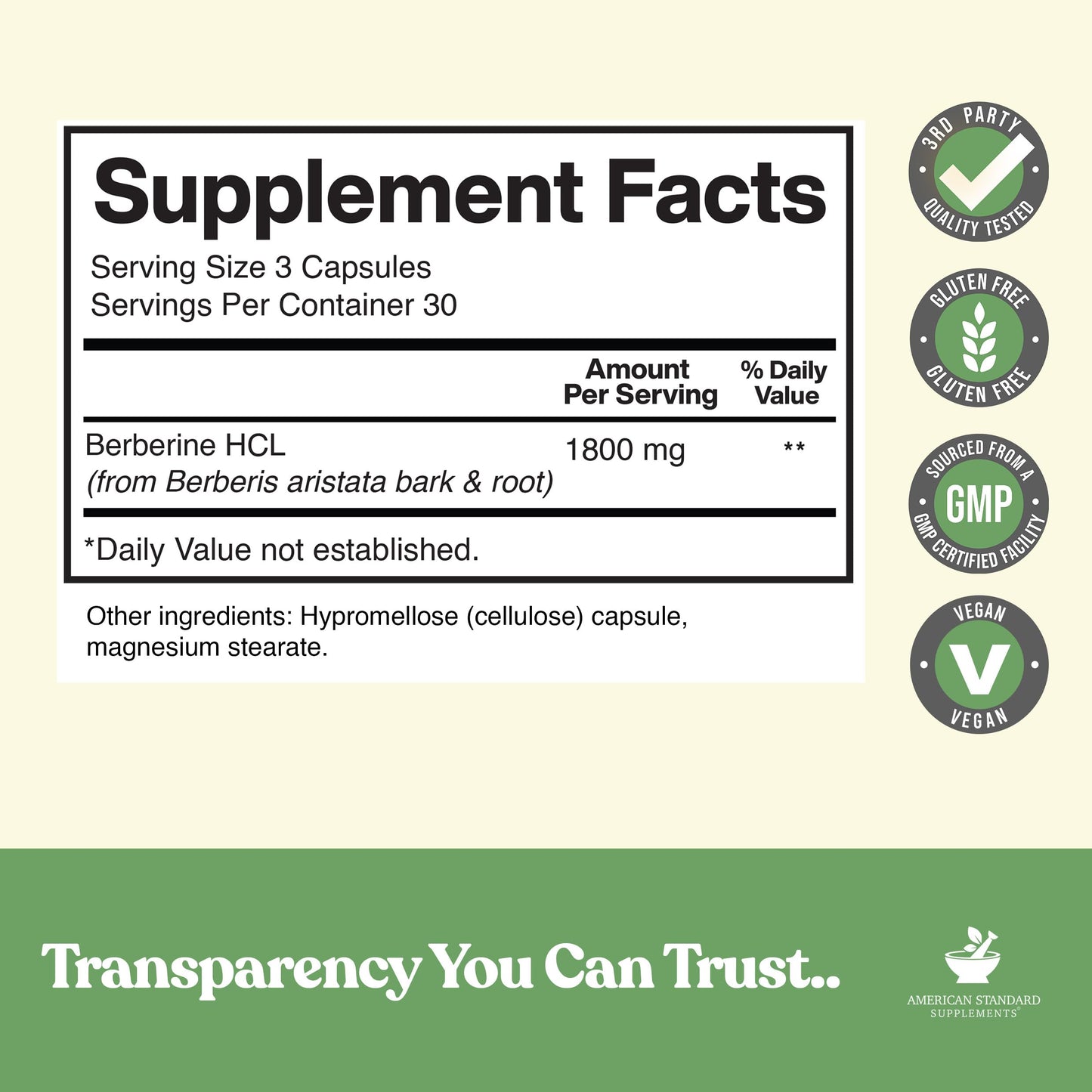 American Standard Supplements Berberine Capsules 1800mg, 90 Count
