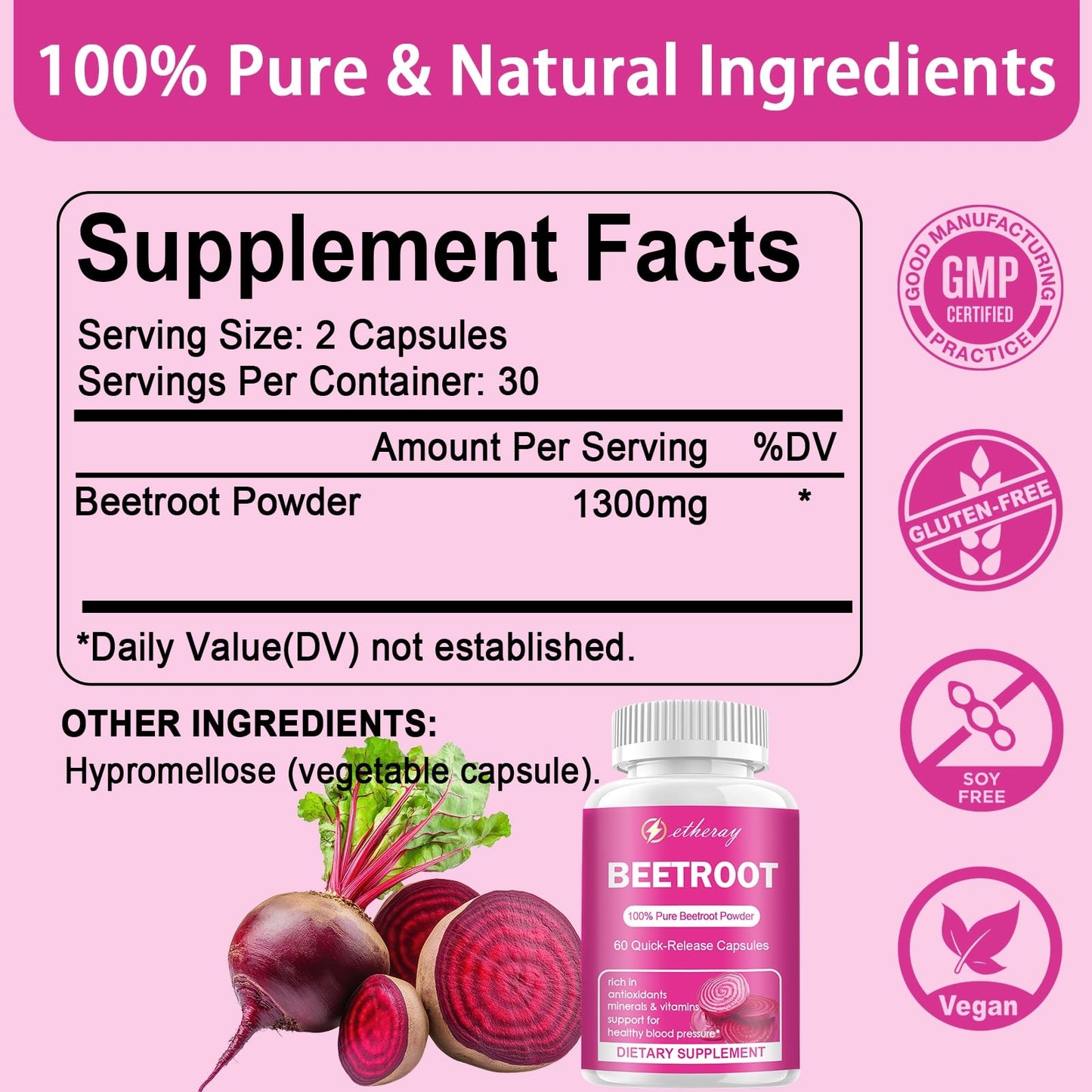 etheray Beet Root Capsules 1300mg Organic Beetroot Powder, Capsule, 60 Count