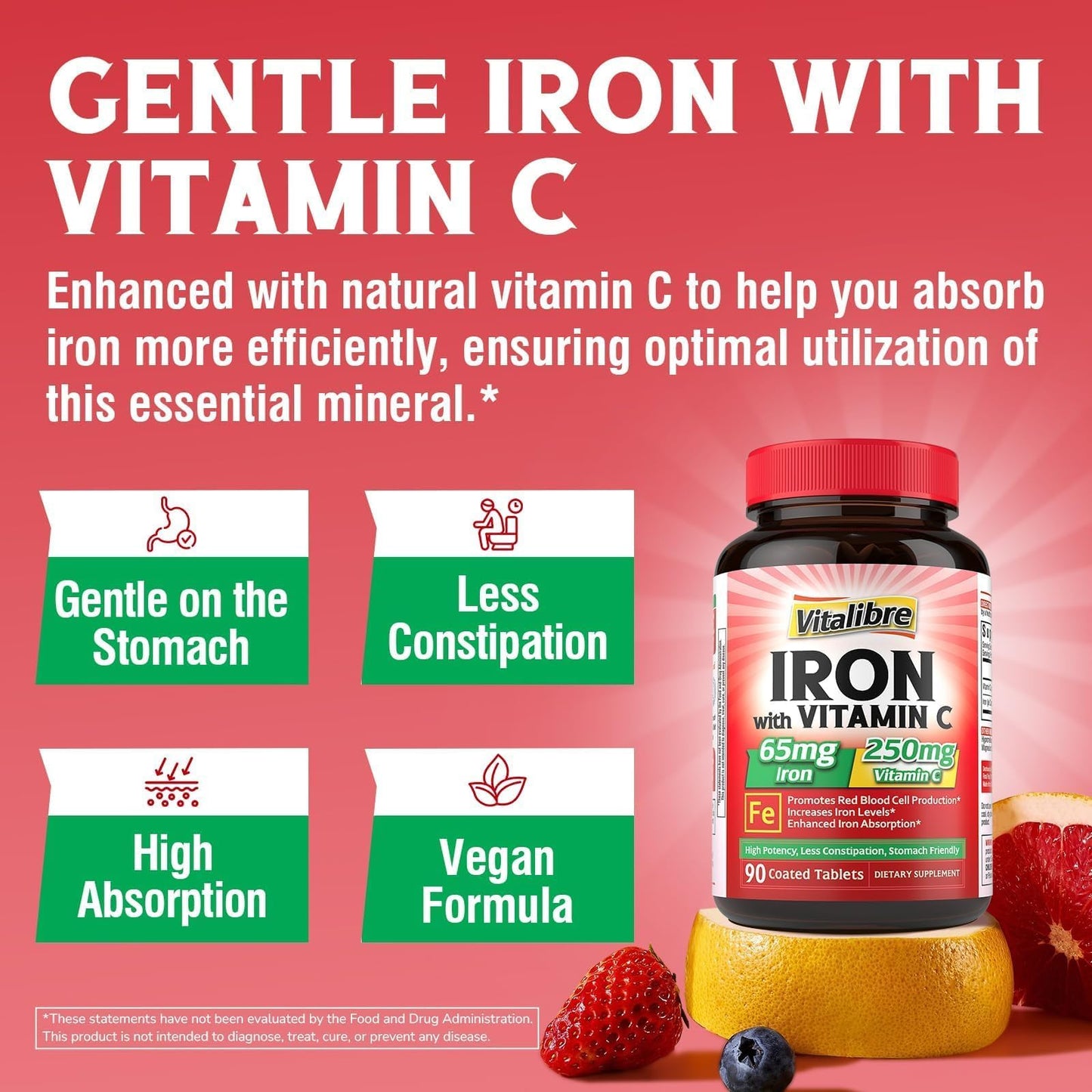 Vitalibre Iron Supplement 65mg Carbonyl Iron with 250mg Vitamin C - Tablets, 90 Count