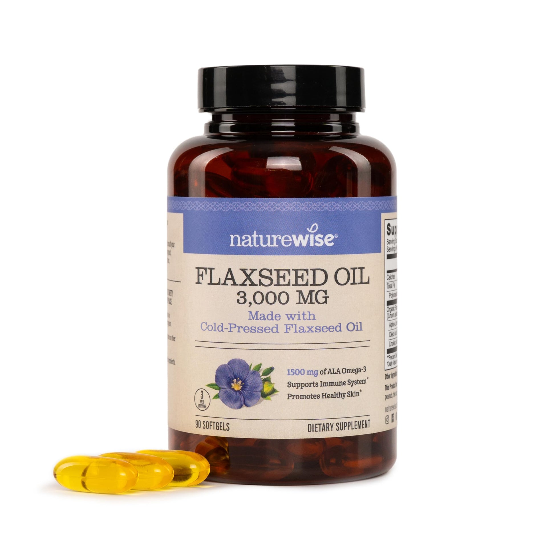 NatureWise Flaxseed Oil 3000 mg with 1500 mg ALA - Plant-Based Omega-3-6-9 Softgels, Organic Cold-Pressed Non-GMO, 90 Softgels