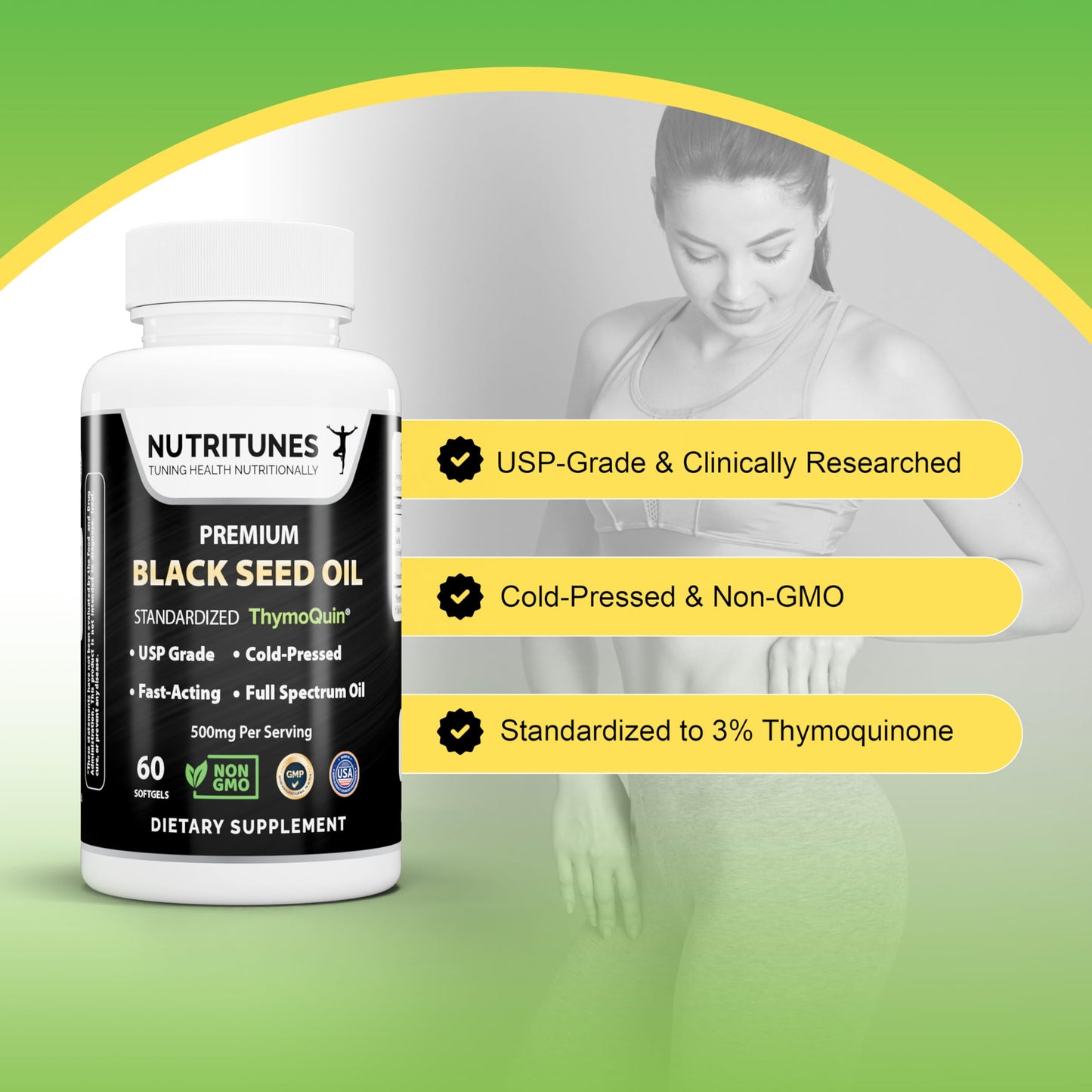 Nutritunes Black Seed Oil 3% Thymoquinone Standardized Softgels, 60 Count