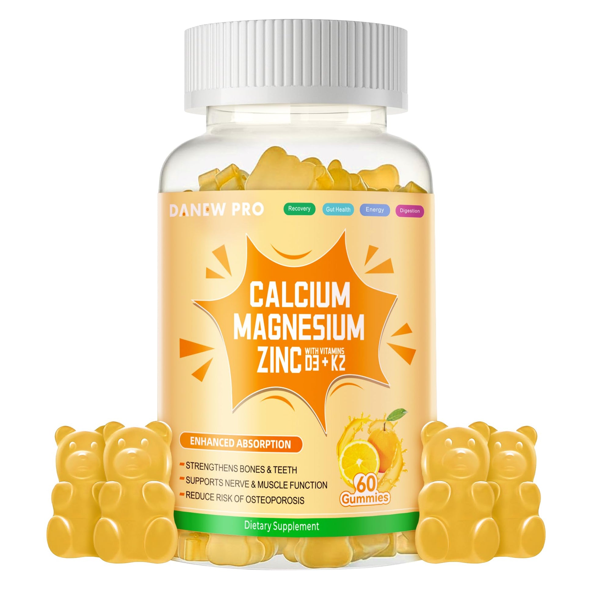 DANEW Pro Calcium Magnesium Zinc Gummies with Vitamin D3 & K2, High Potency Enhanced Absorption, 60 Gummies