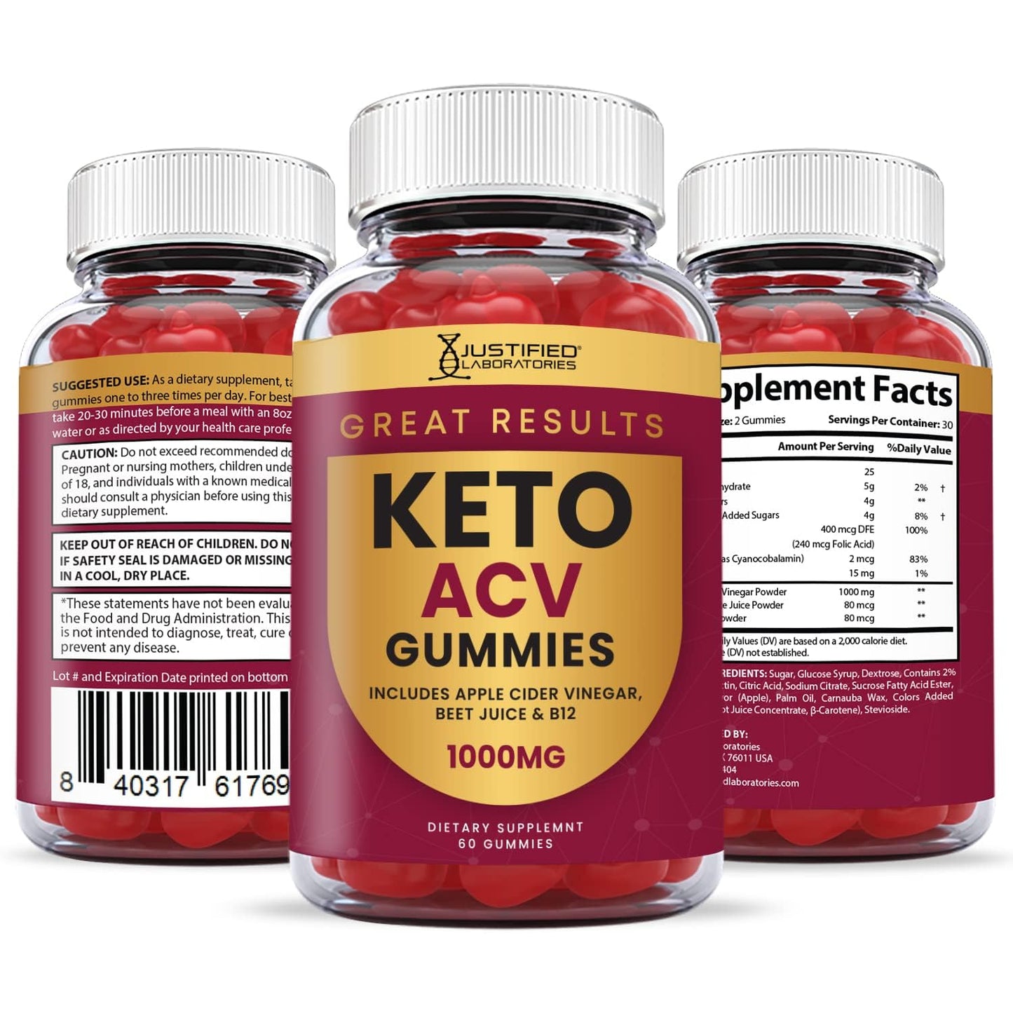 Justified Laboratories Great Results Keto ACV Gummies 1000mg with Pomegranate Juice Beet Root B12, 120 Gummies