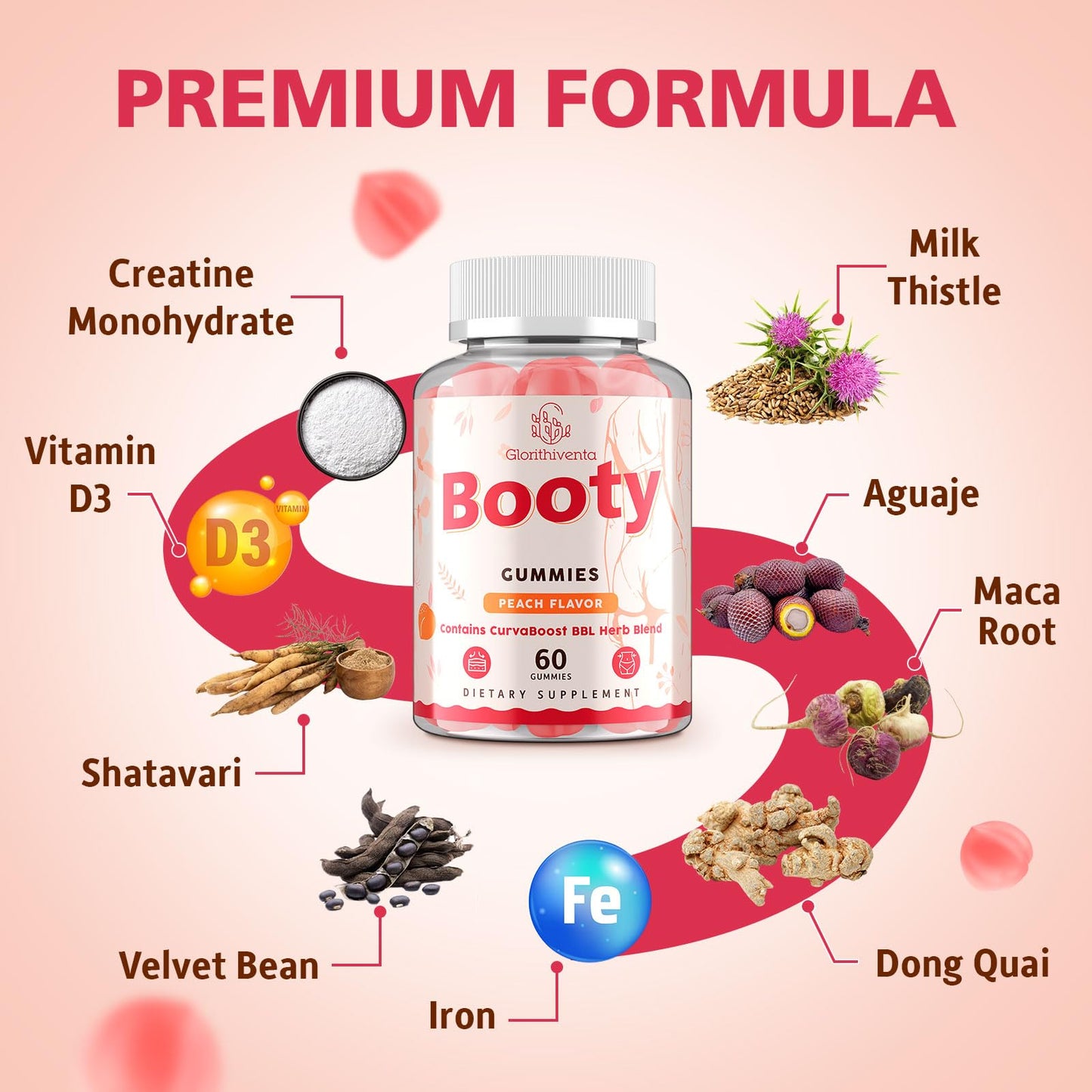 Glorithiventa Booty Gummies for Women with Creatine Monohydrate, Milk Thistle, Vitamin D3 & Herbal Blend, Peach Flavor, 60 Gummies