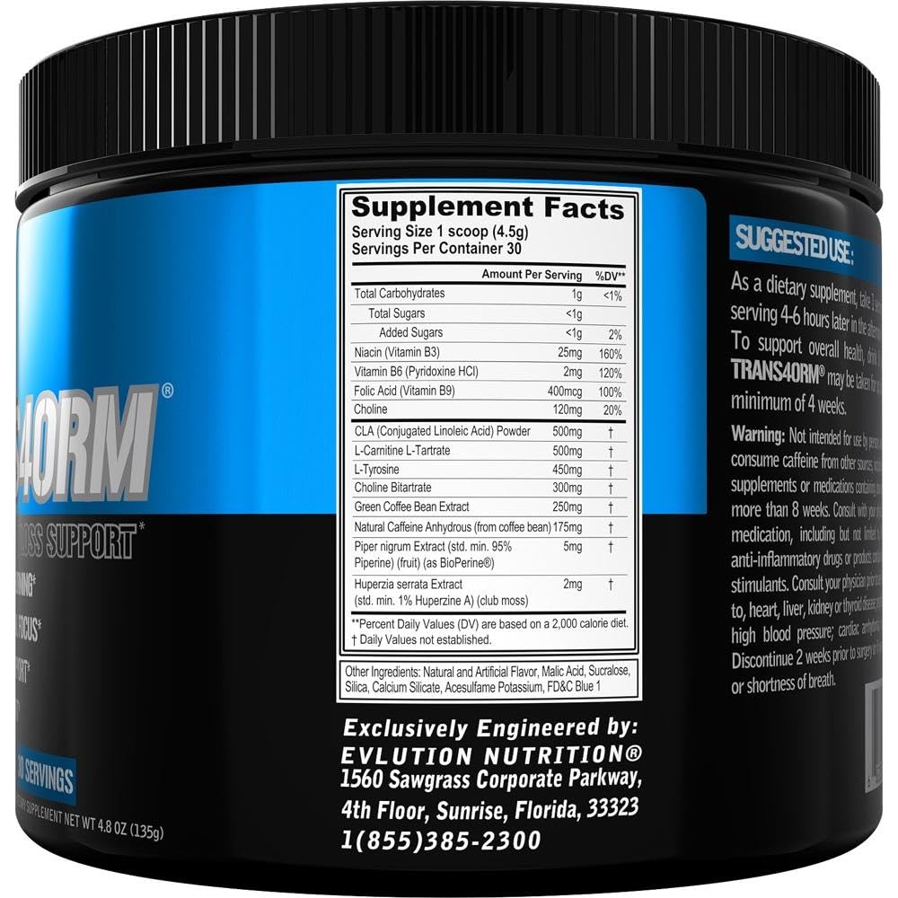 Evlution Trans4orm Thermogenic Fat Burning Support Powder Blue Raz 5.1 Ounce