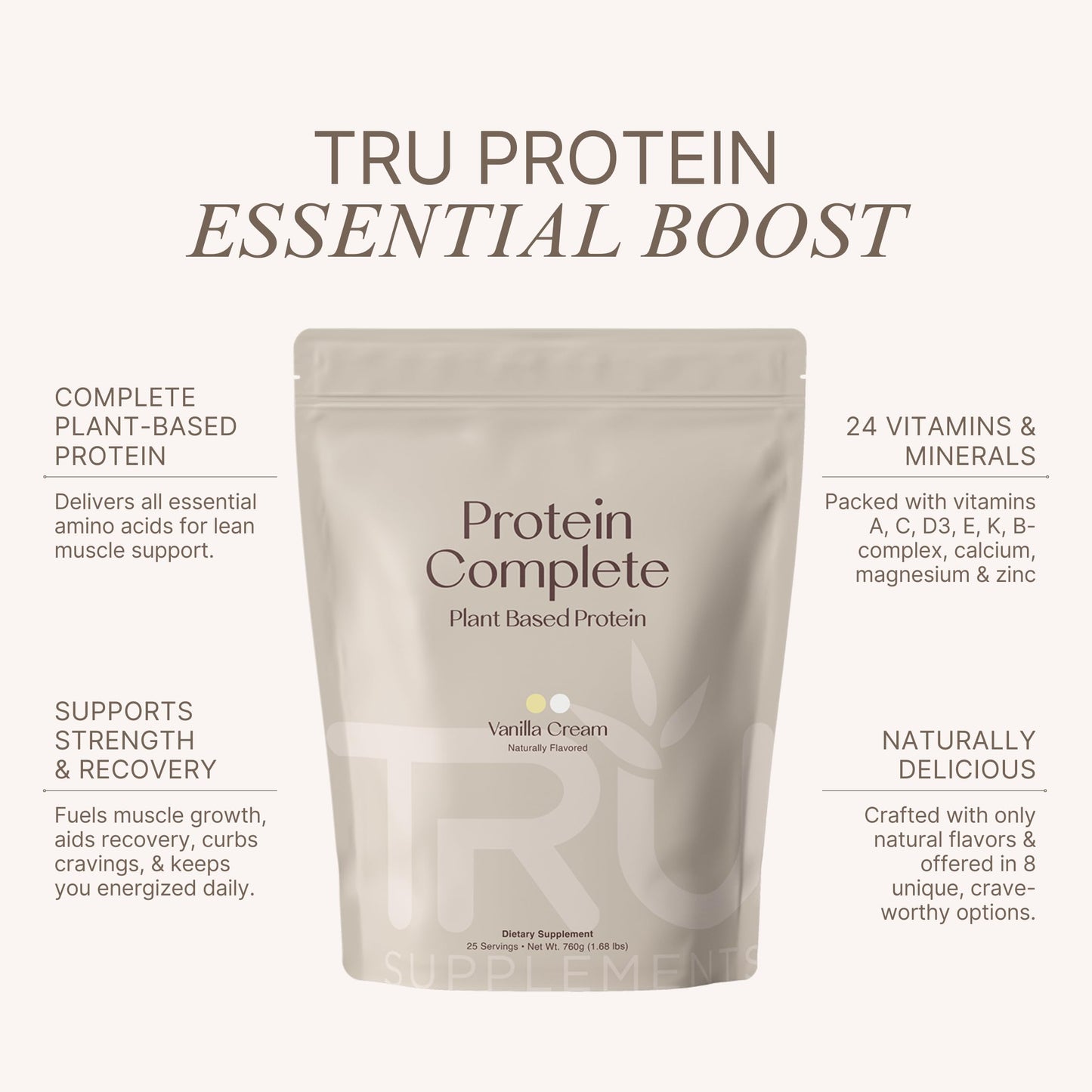 TRU Supplements Plant Based Protein Powder, Vanilla Cream, BCAA, EAA, 20g Vegan Brown Rice & Pea Protein, 100 Calories, 27 Vitamins, No Artificial Flavors 26.25 Servings