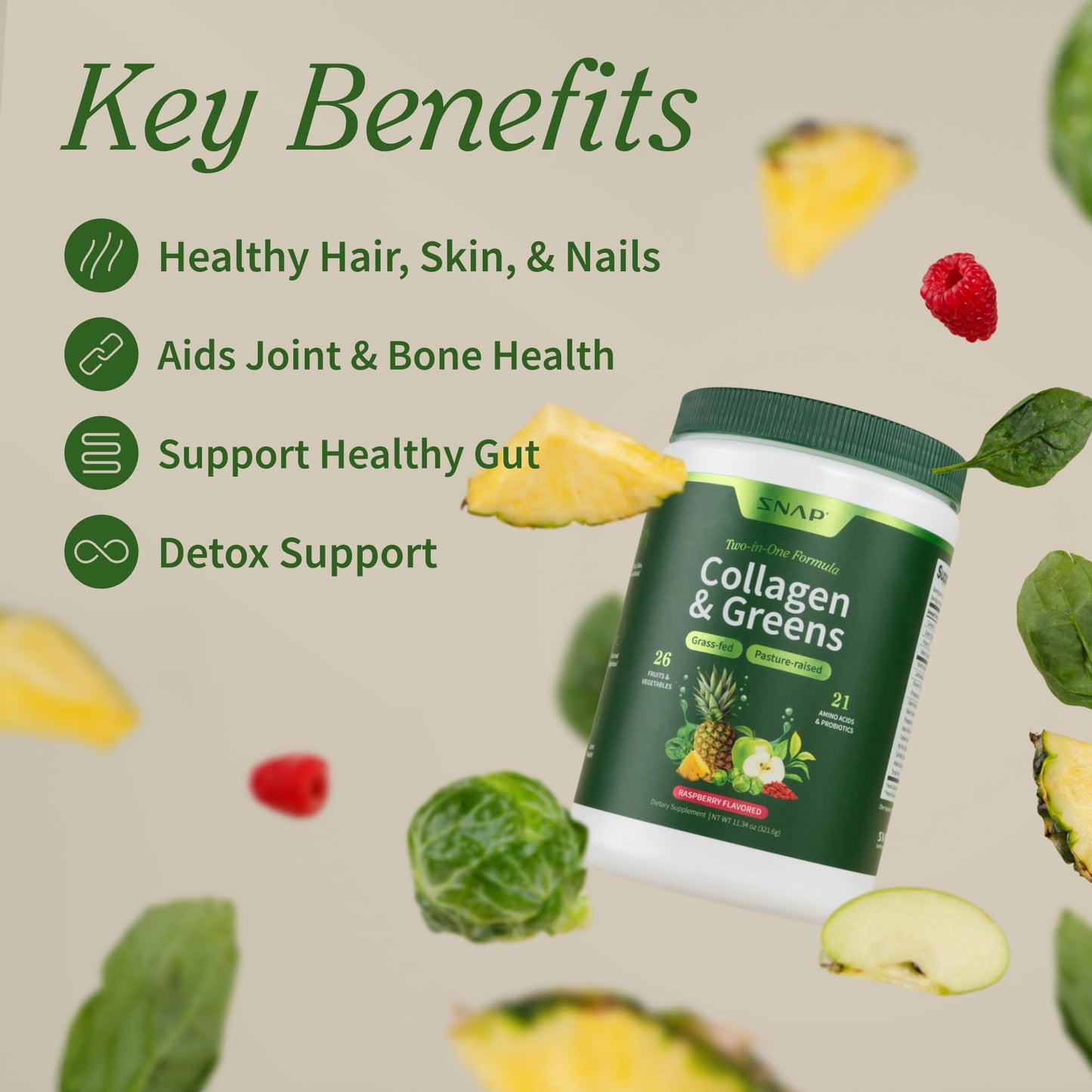 Snap Supplements Super Greens Powder with Collagen Peptides, 11.34 oz