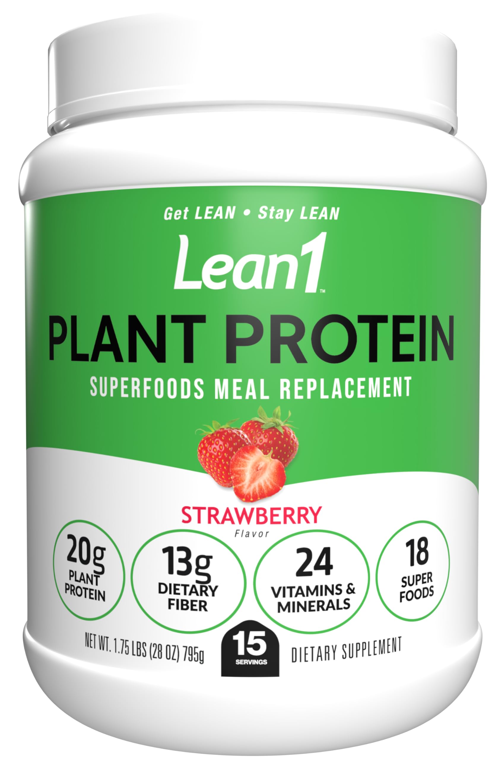 LEAN1 Plant Based Protein Powder Meal Replacement Strawberry Flavor, 27 Servings