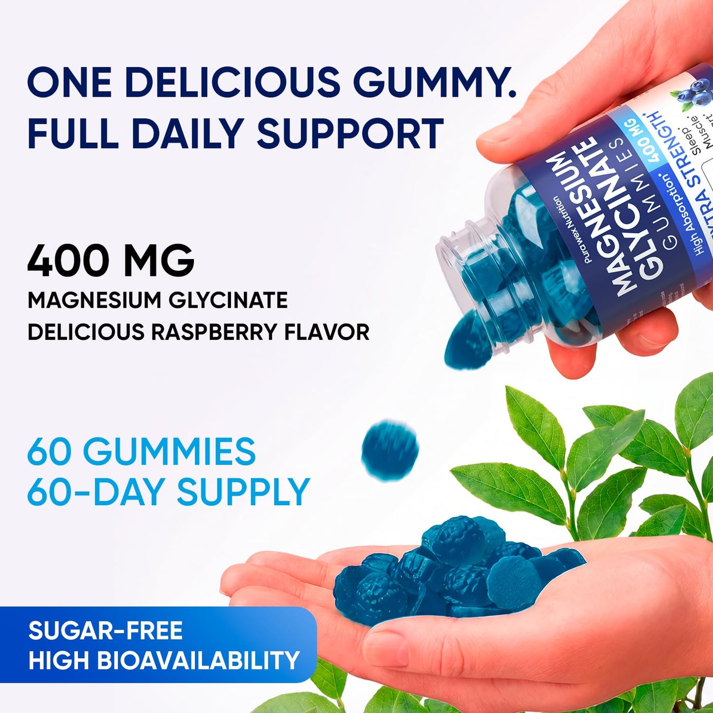 PURA WEX NUTRITION Magnesium Glycinate Gummies 400mg Extra Strength Blueberry Flavor, 60 Count