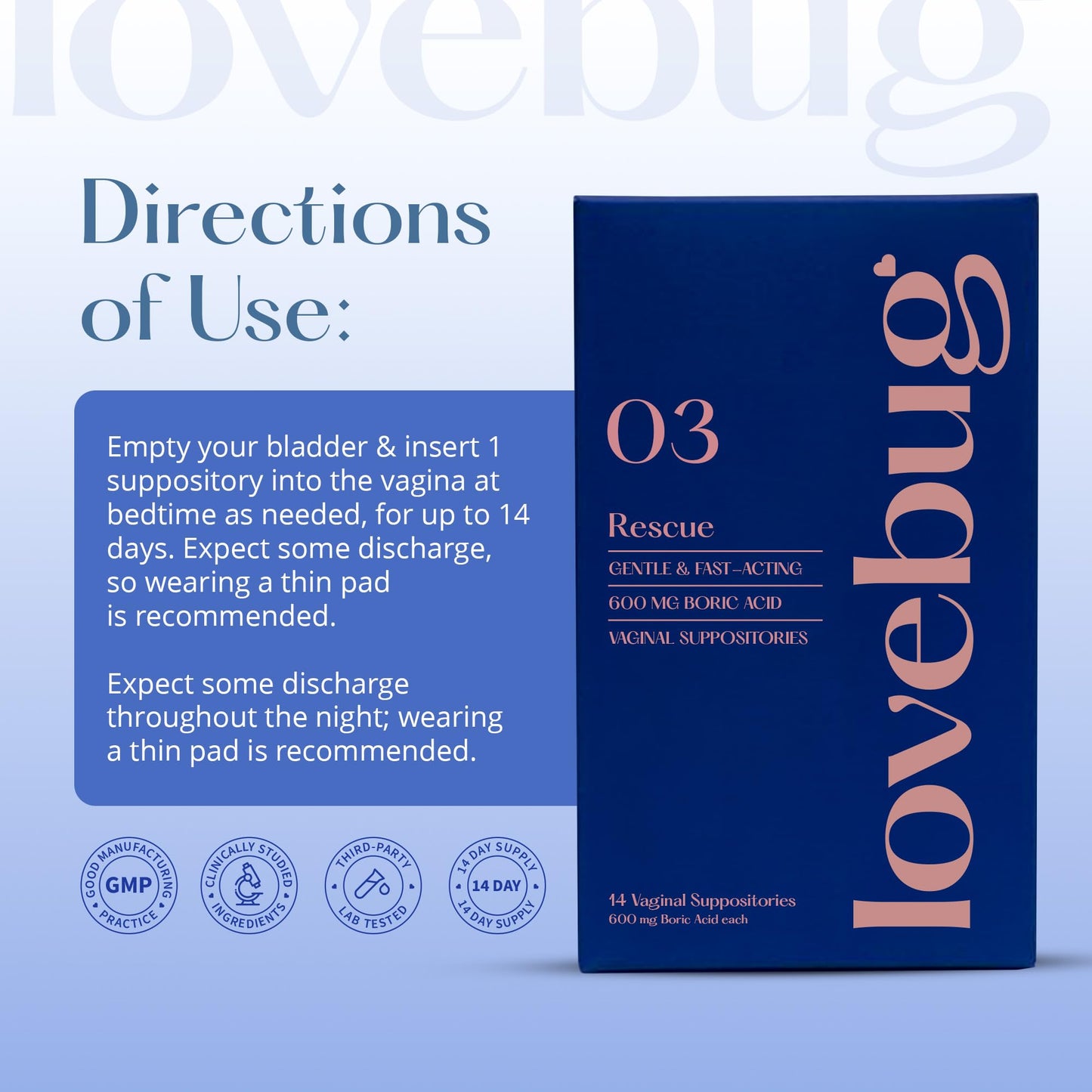 LoveBug Women's Health Rescue Vaginal Boric Acid Suppositories for Women Capsule, 14 Capsules