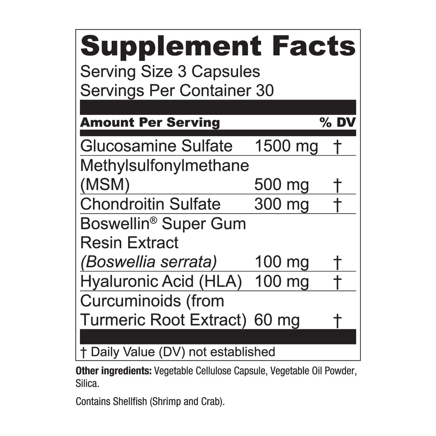 Essential Elements Glucosamine Chondroitin MSM Boswellia Serrata Hyaluronic Acid Joint Support Supplement Capsules 180