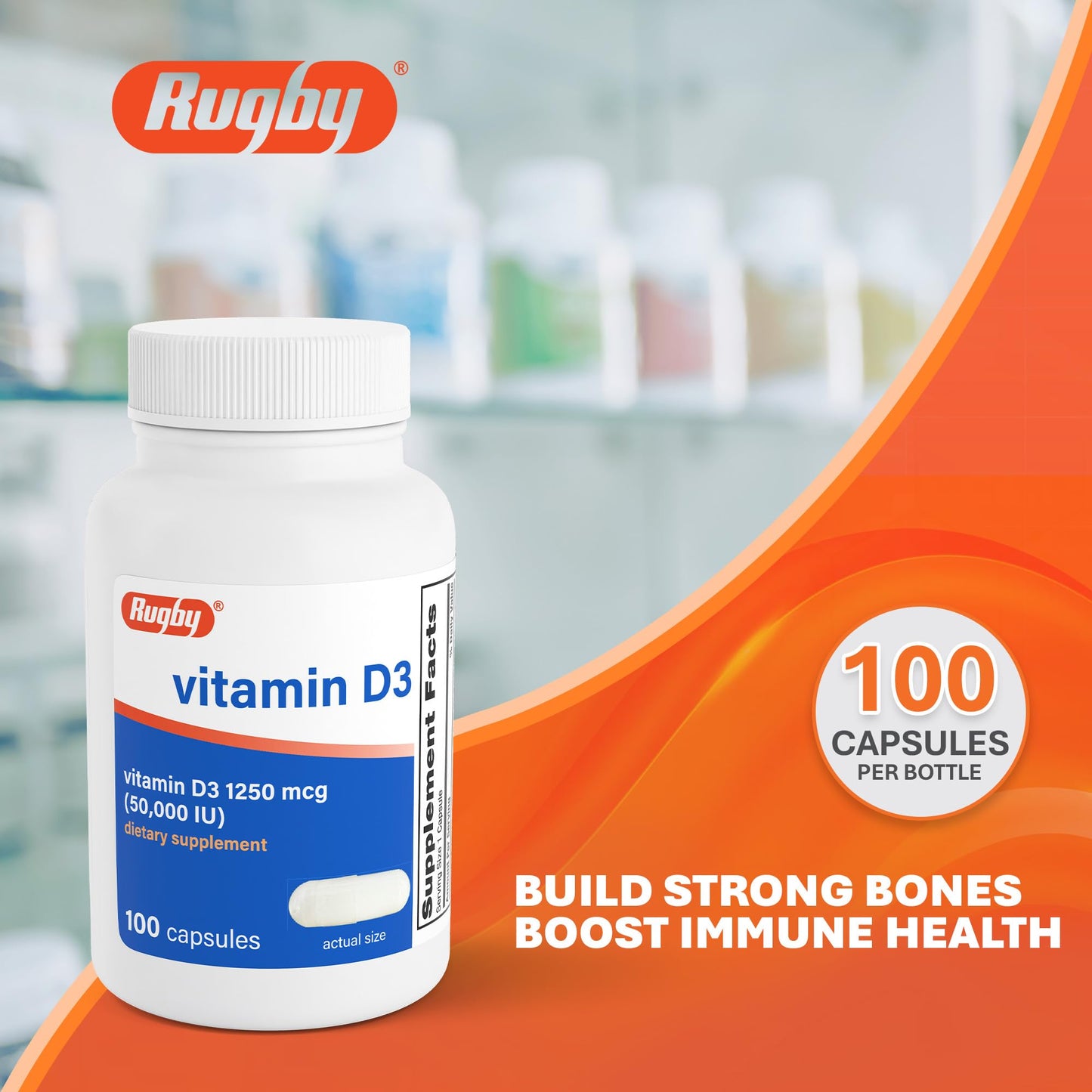Rugby Laboratories Vitamin D3 50,000 IU (1250 mcg) High-Potency Vitamin D Supplement for Bone, Teeth, and Immune Health, 100 Capsules