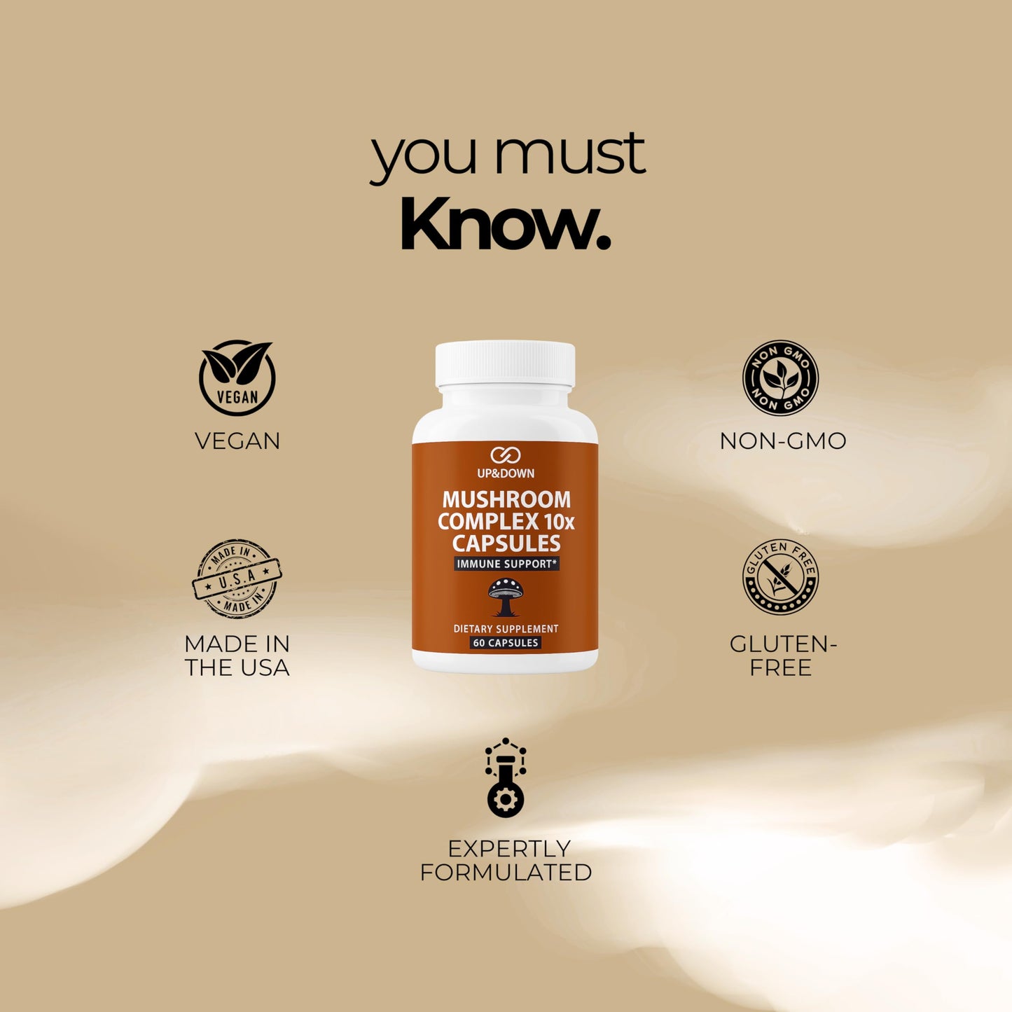 Up&Down Supplements Mushroom Complex 10X Capsules, 60 Count