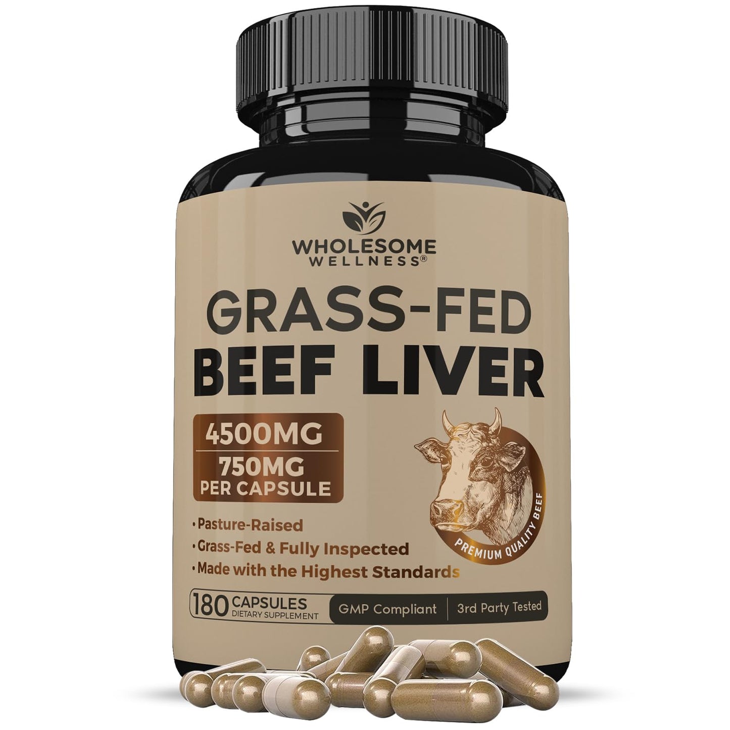 Wholesome Wellness Grass Fed Desiccated Beef Liver Capsules (750mg Each) 180 Count