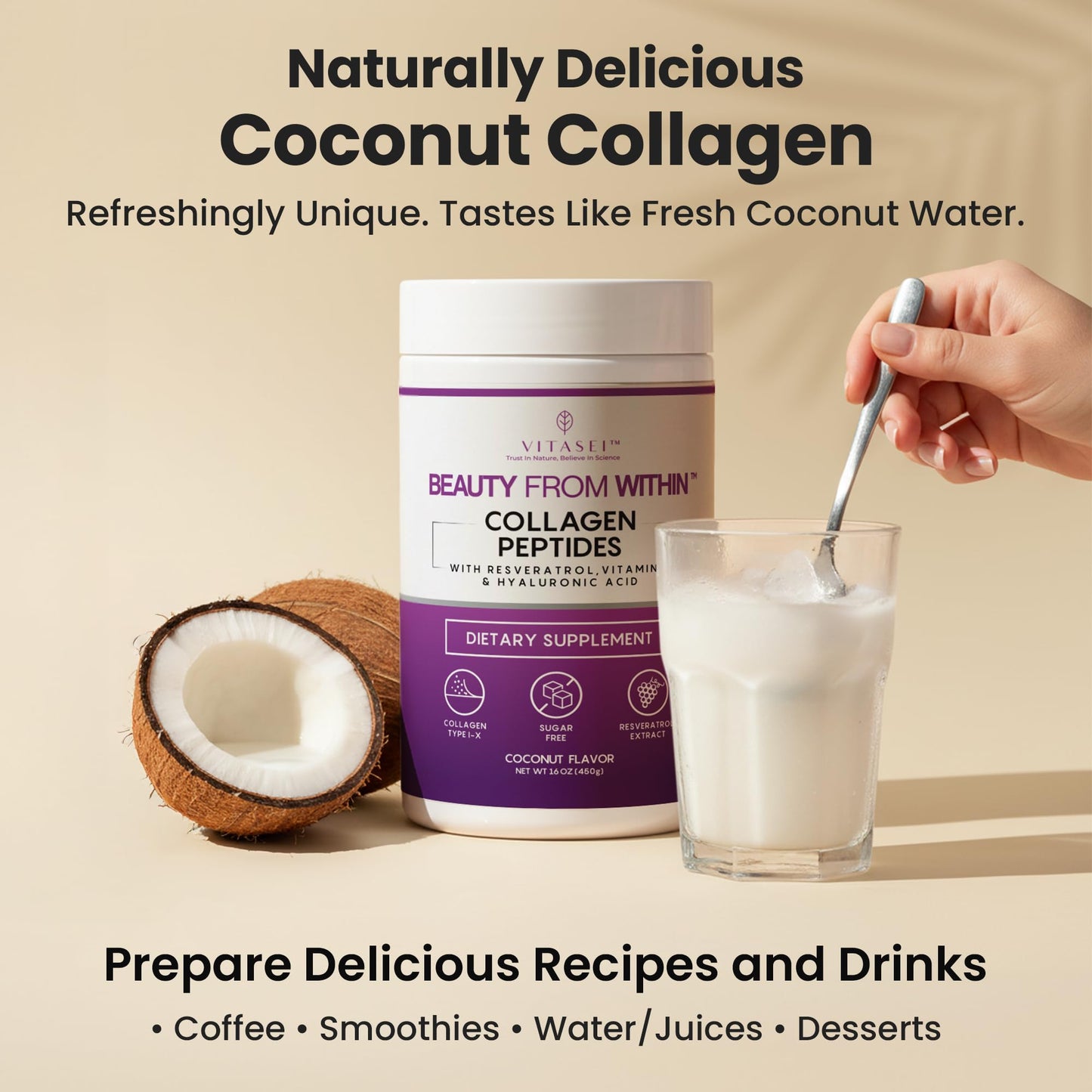 VITASEI Collagen Peptides Powder – Hydrolyzed Collagen with Resveratrol, Vitamin C & Hyaluronic Acid – Hair, Skin, Nails & Joint Support – Coconut Flavor, 16 oz