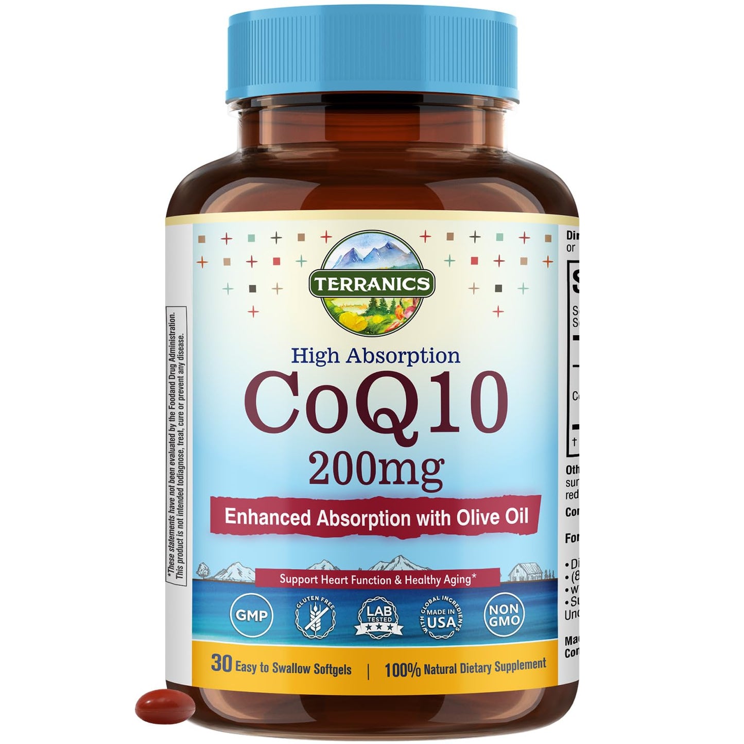 Terranics CoQ10 200mg Softgels with Extra Virgin Olive Oil, 30 Count