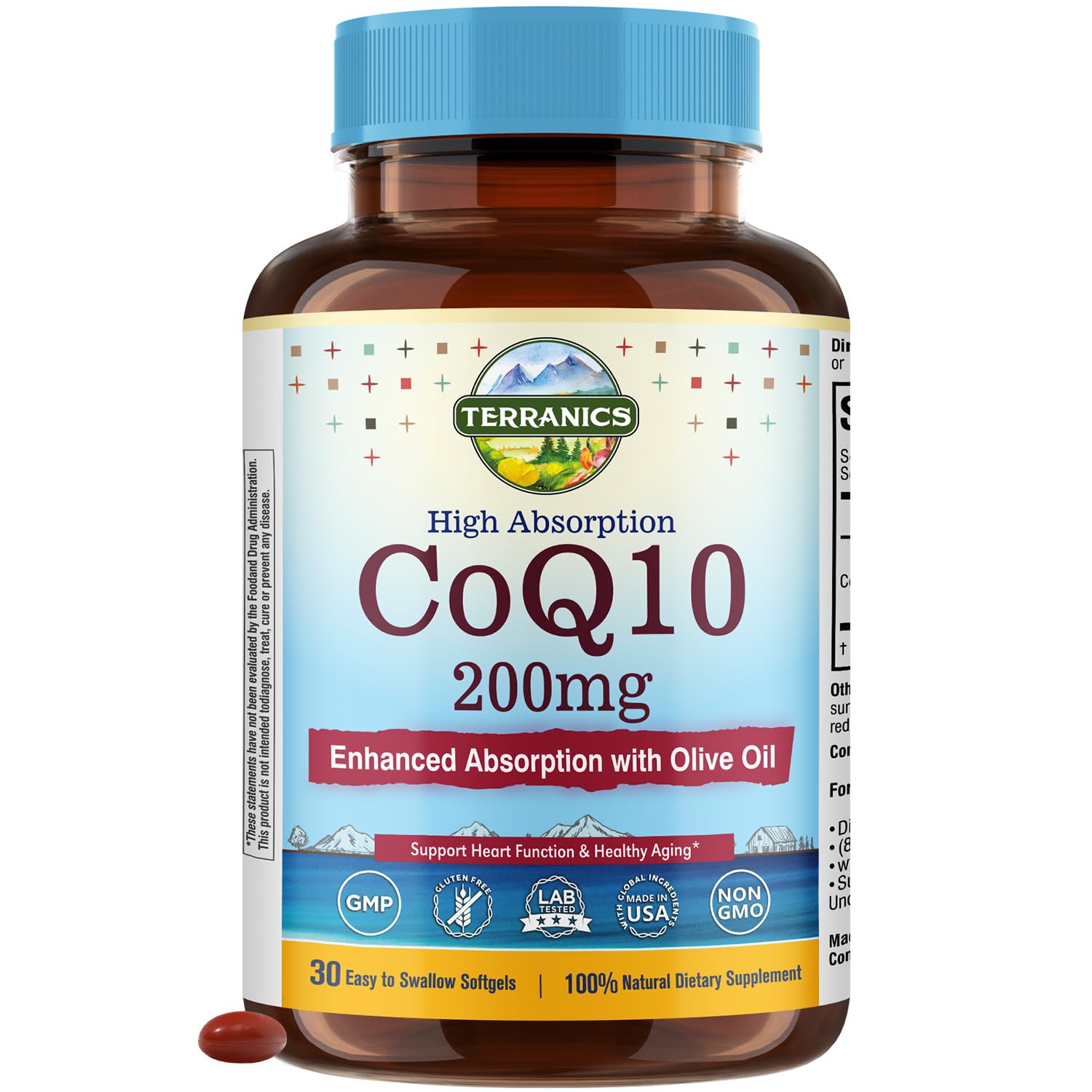 Terranics CoQ10 200mg Softgels with Extra Virgin Olive Oil, 30 Count