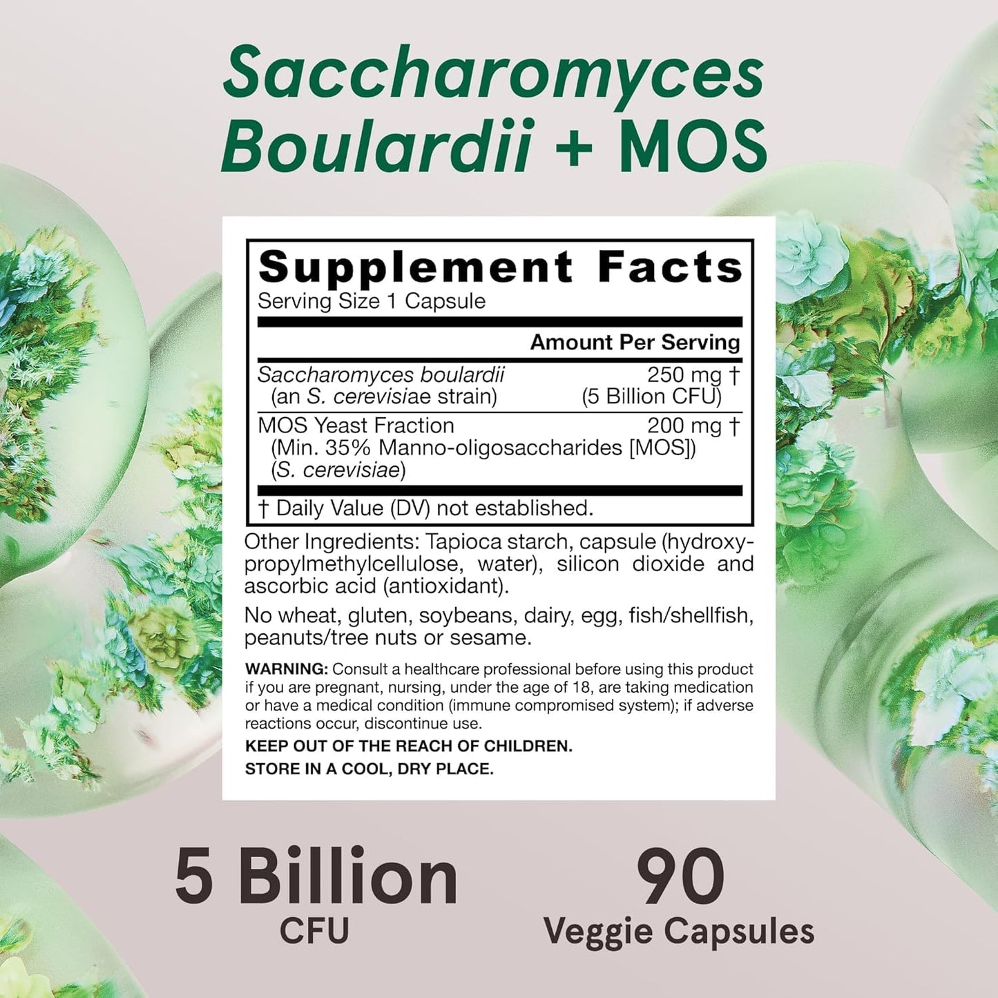 Jarrow Formulas Saccharomyces boulardii + MOS Probiotic + Prebiotic, 5 Billion Viable Organisms Per Serving, Delayed Release Veggie Caps, 180 Capsules