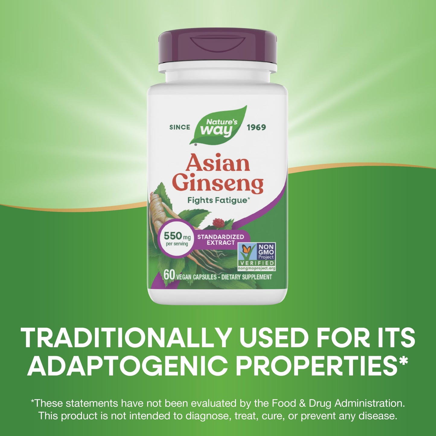 Nature's Way Asian Ginseng Standardized Extract, Fights Fatigue*, Adaptogenic Herb*, 550 mg per Serving, Non-GMO Project Verified, 60 Vegan Capsules