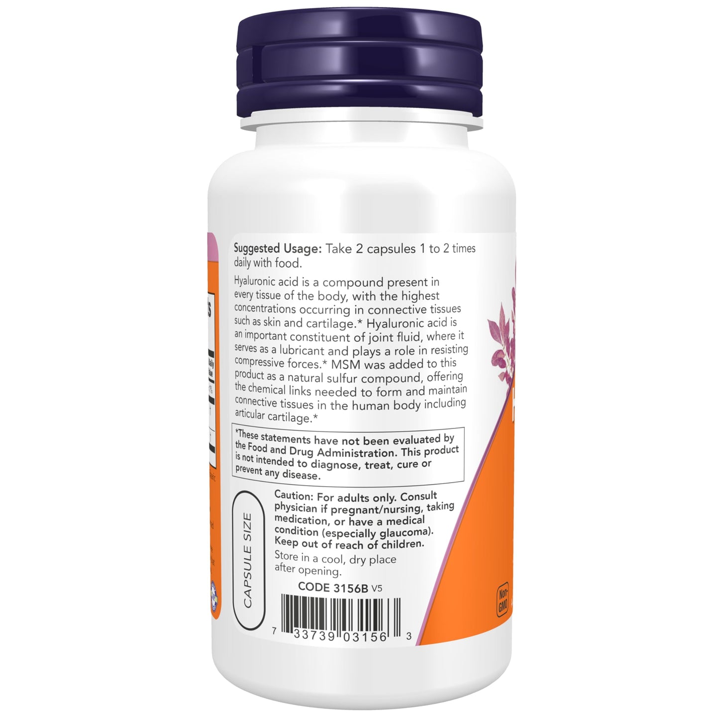 NOW Foods Hyaluronic Acid 50 mg with MSM, Joint Support, Capsule, 60