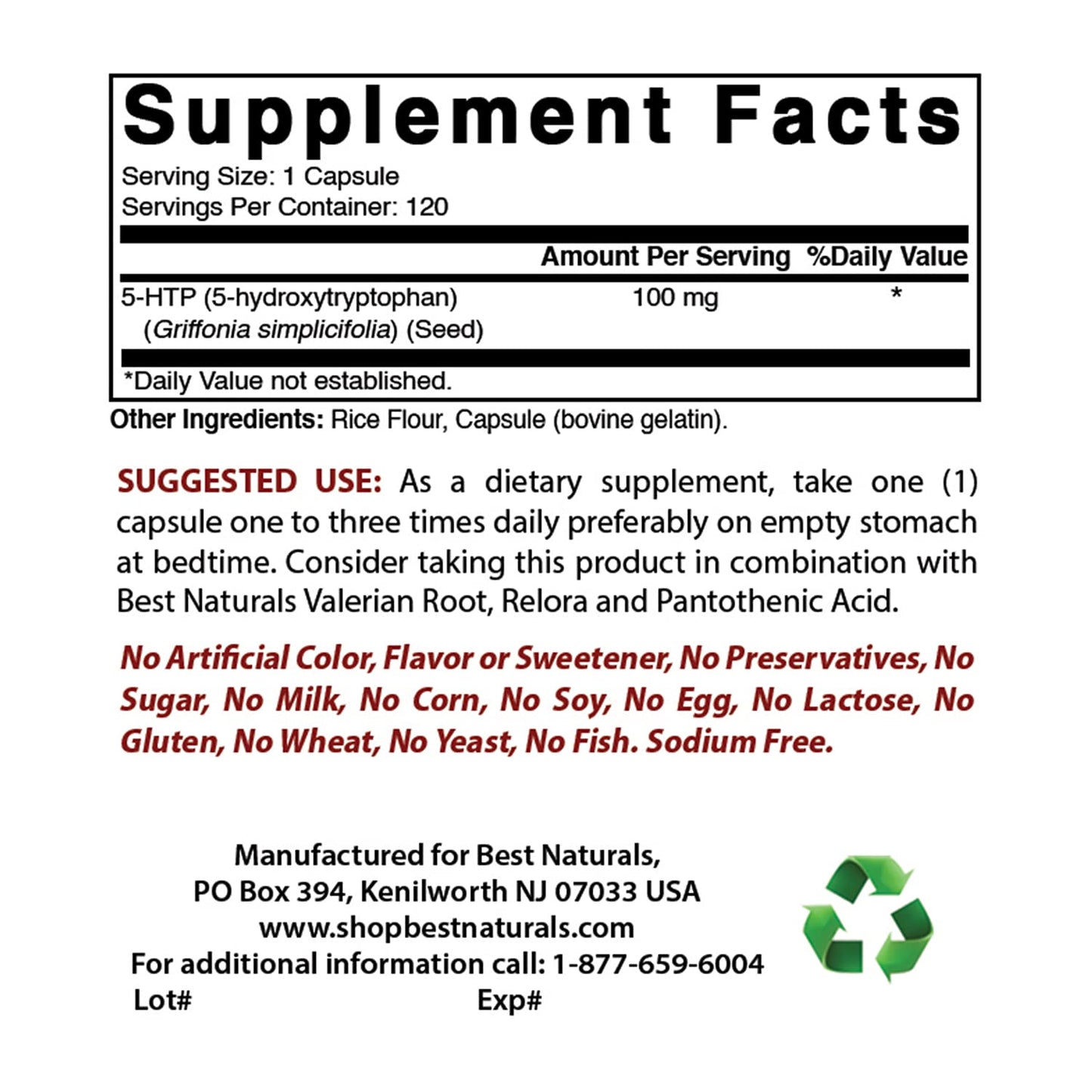 Best Naturals 5-HTP (5-hydroxytryptophan) 100 mg & L-Theanine 200 mg Capsule, Tablet 120 Count