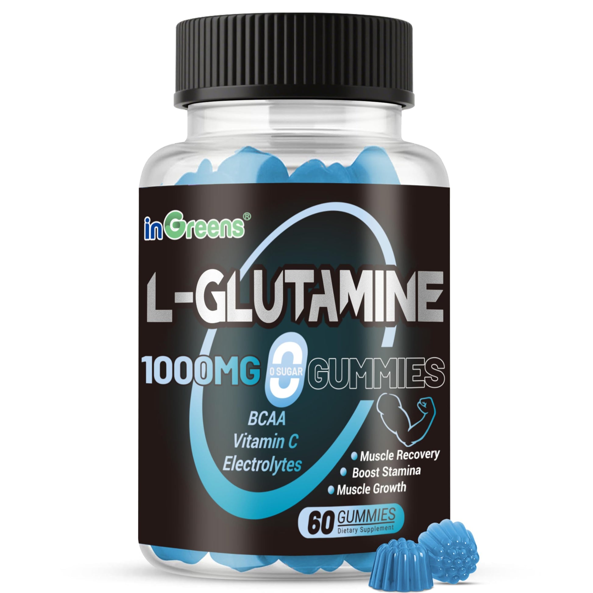 inGreens L-Glutamine Gummies 1000mg with BCAA, Potassium, Magnesium & Vitamin C, 60 Gummies