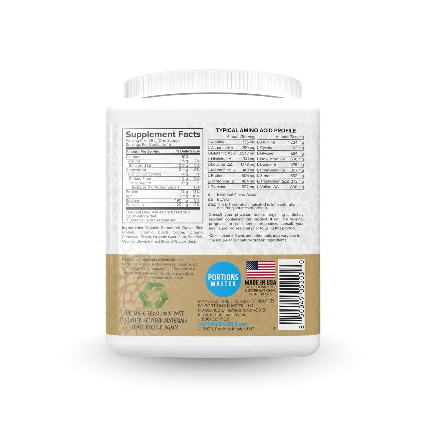 Portions Master Plant Protein Powder Organic Fermented Brown Rice Chocolate, 13.2 oz