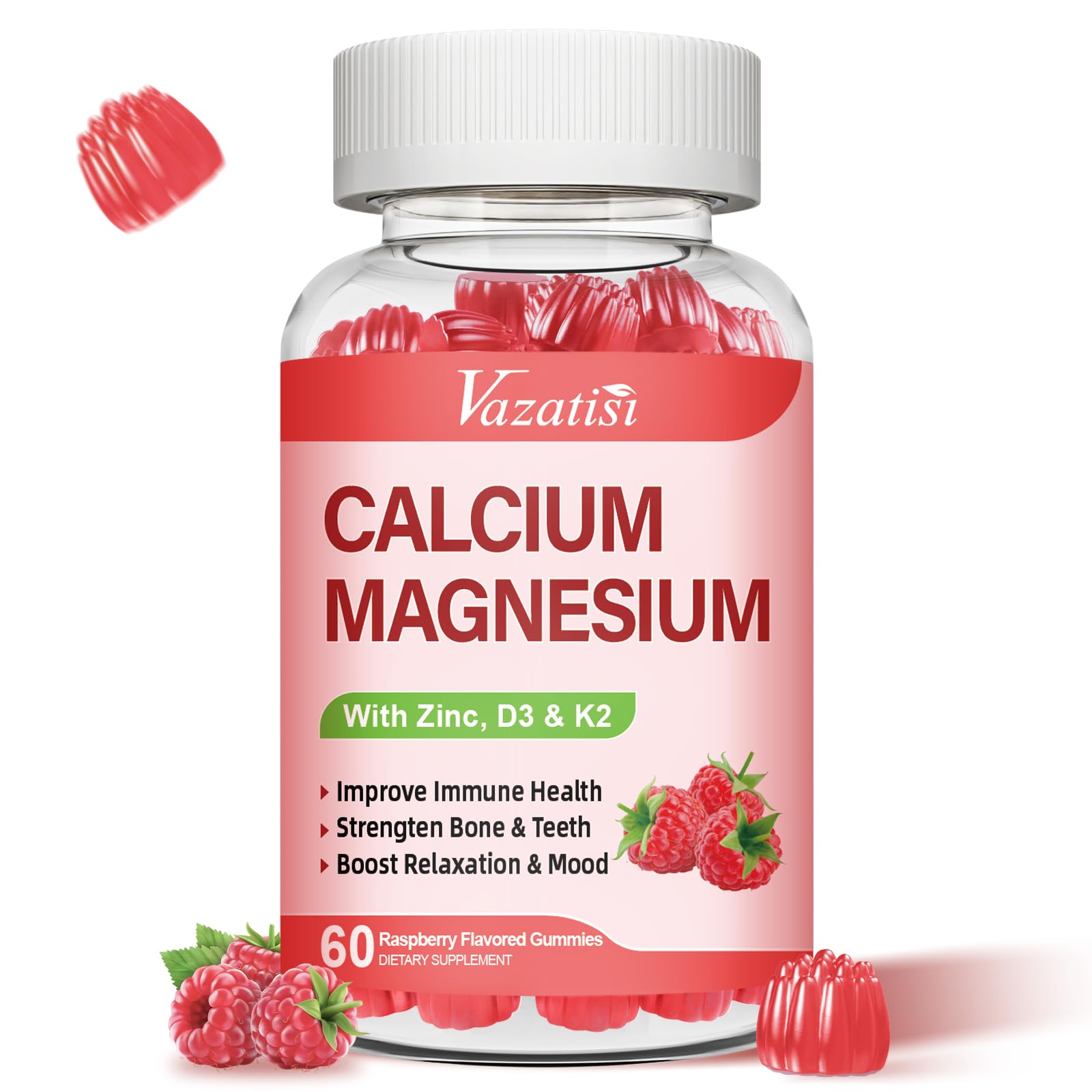 Vazatisi Calcium Magnesium Zinc Gummies with Vitamin D3 & K2, 60 Count