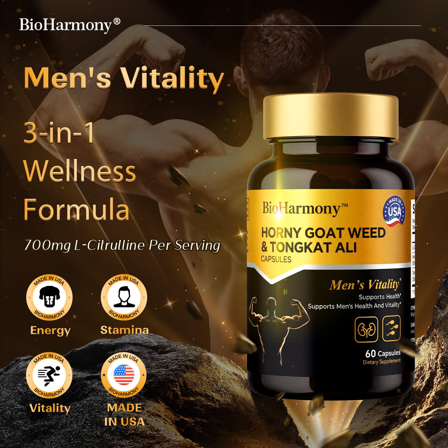 BioHarmony Horny Goat Weed for Men Tongkat Ali & L-Citrulline Supplement – 3-in-1 – Supports Male Vitality, Stamina, Energy & Endurance – 60 Capsules