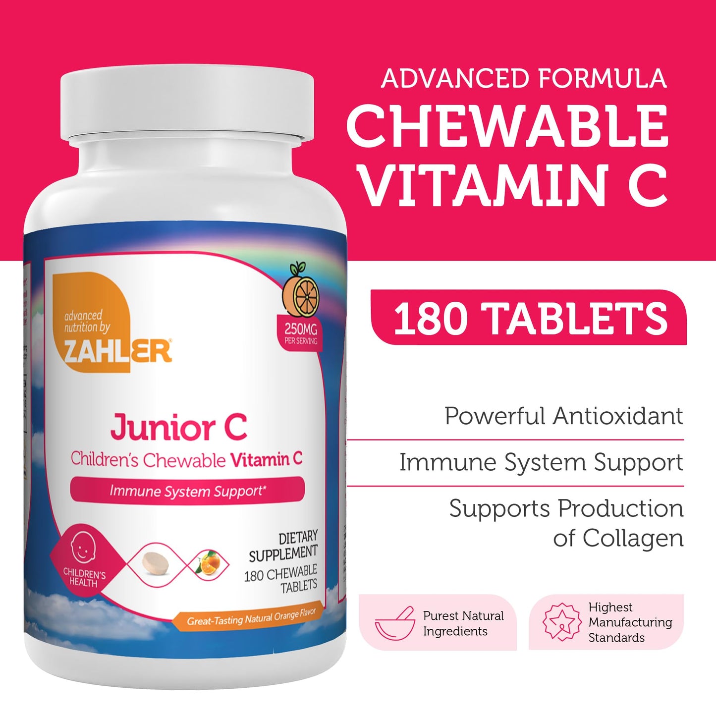 Zahler Junior C Advanced Chewable Vitamin C for Kids, 180 Count