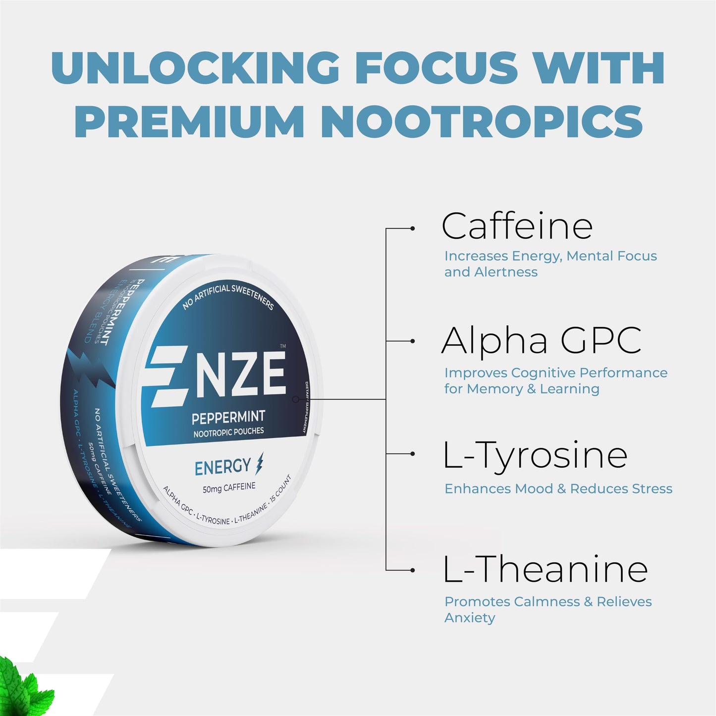 NZE Caffeine Nootropic Pouches Peppermint Caplet 5 Pack