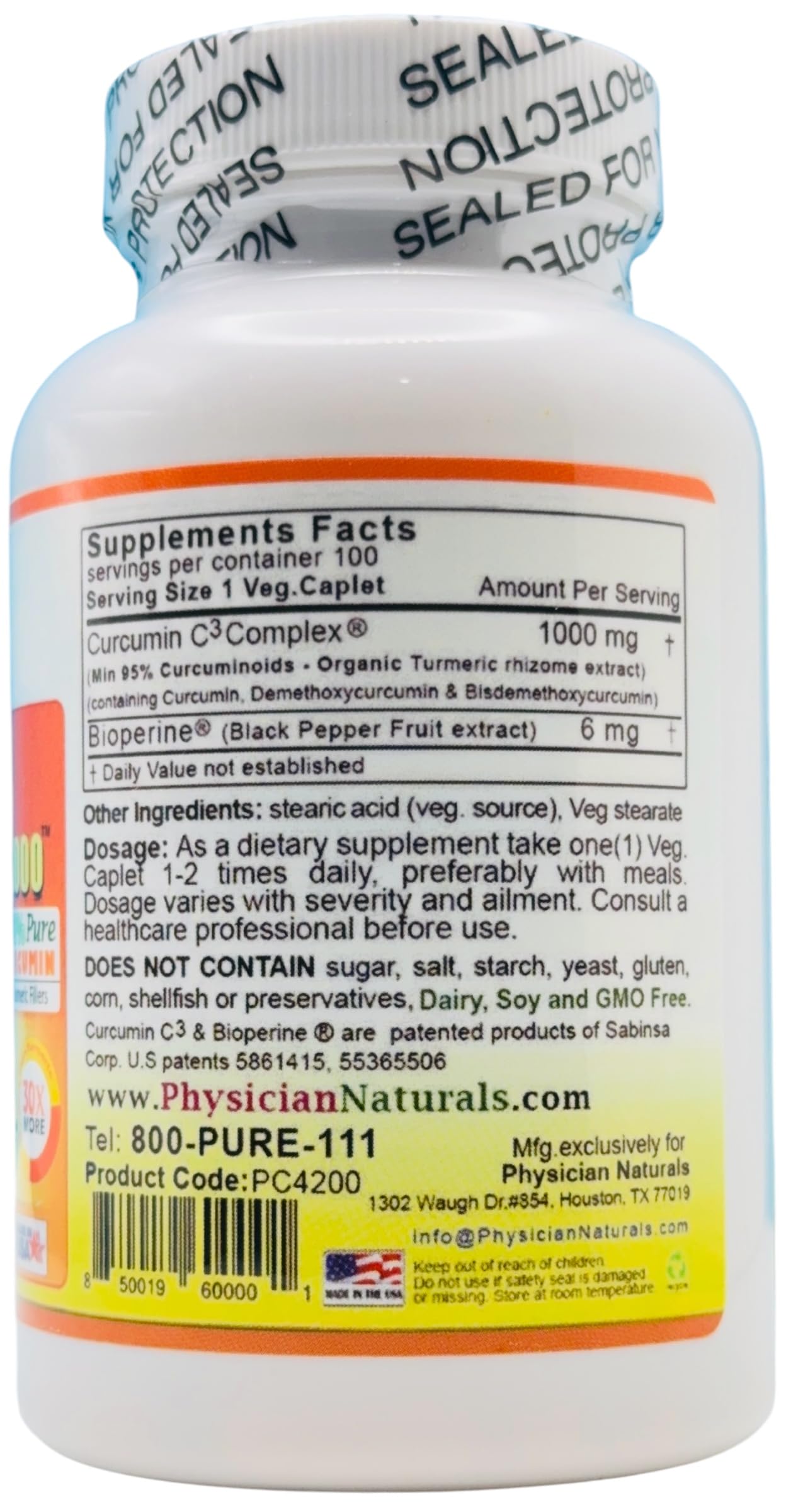 Physician Naturals Super Curcumin C3 1000 with Bioperine Capsule, 100 Veg Caplets
