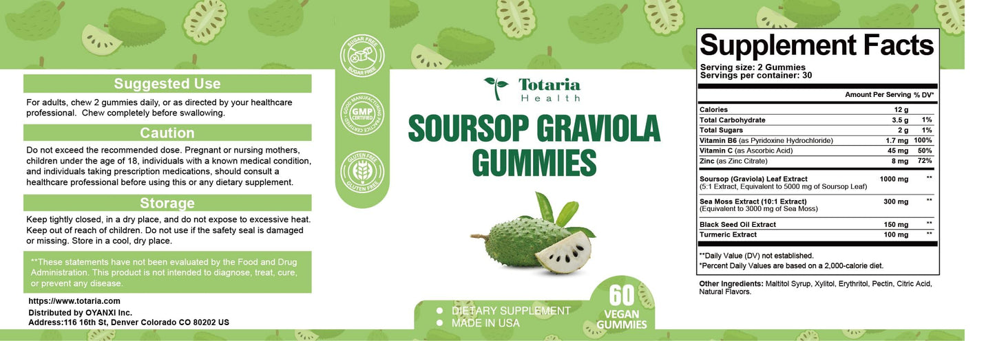 Totaria Sugar Free Soursop Oil Graviola Sea Moss Gummies - 120 Gummies