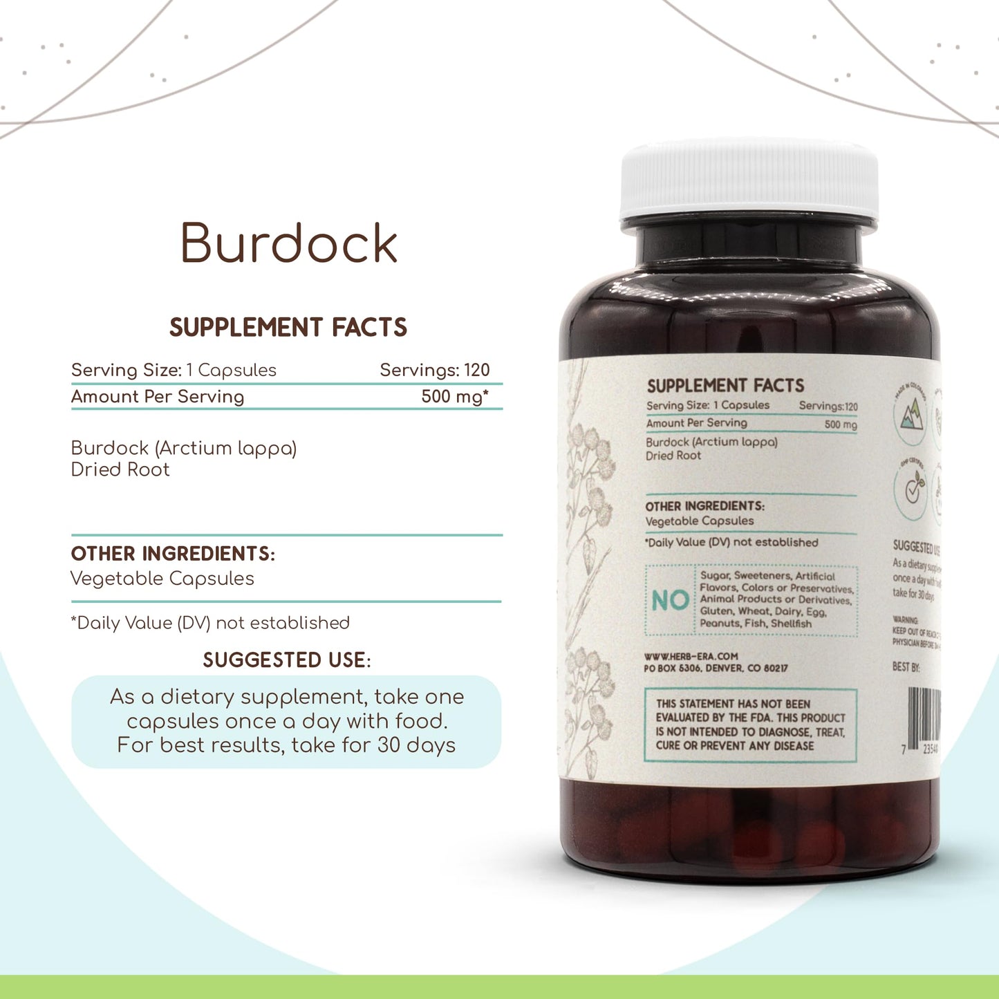 HerbEra Burdock 500 mg Capsules, 120 Count