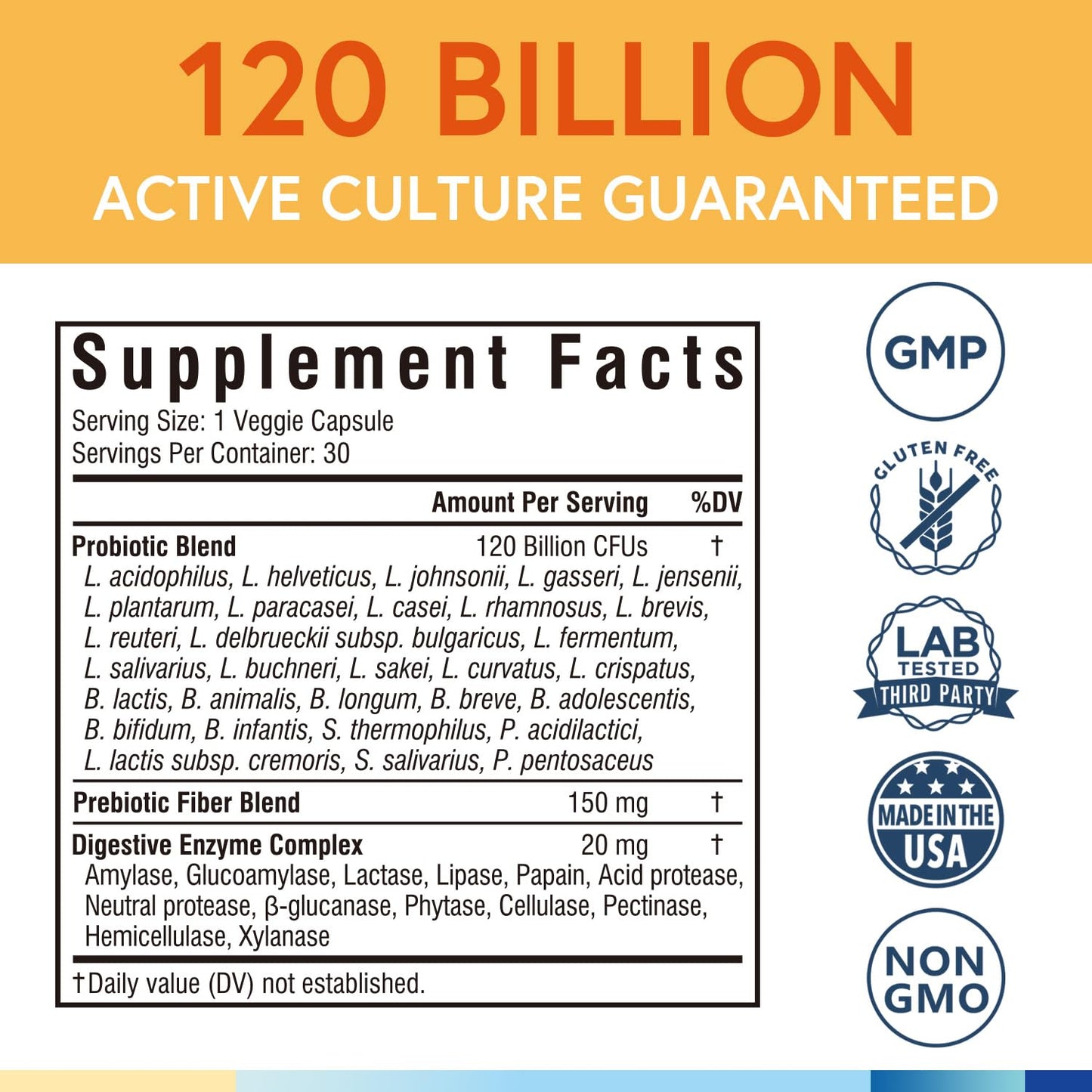 Terranics Probiotics 120 Billion with Prebiotics & Digestive Enzymes, 30 Tested Strains, Complete Digestion & Immune Support, Non-GMO, NO Soy, Dairy & Gluten, for Men and Women, 30 Veggie Capsules