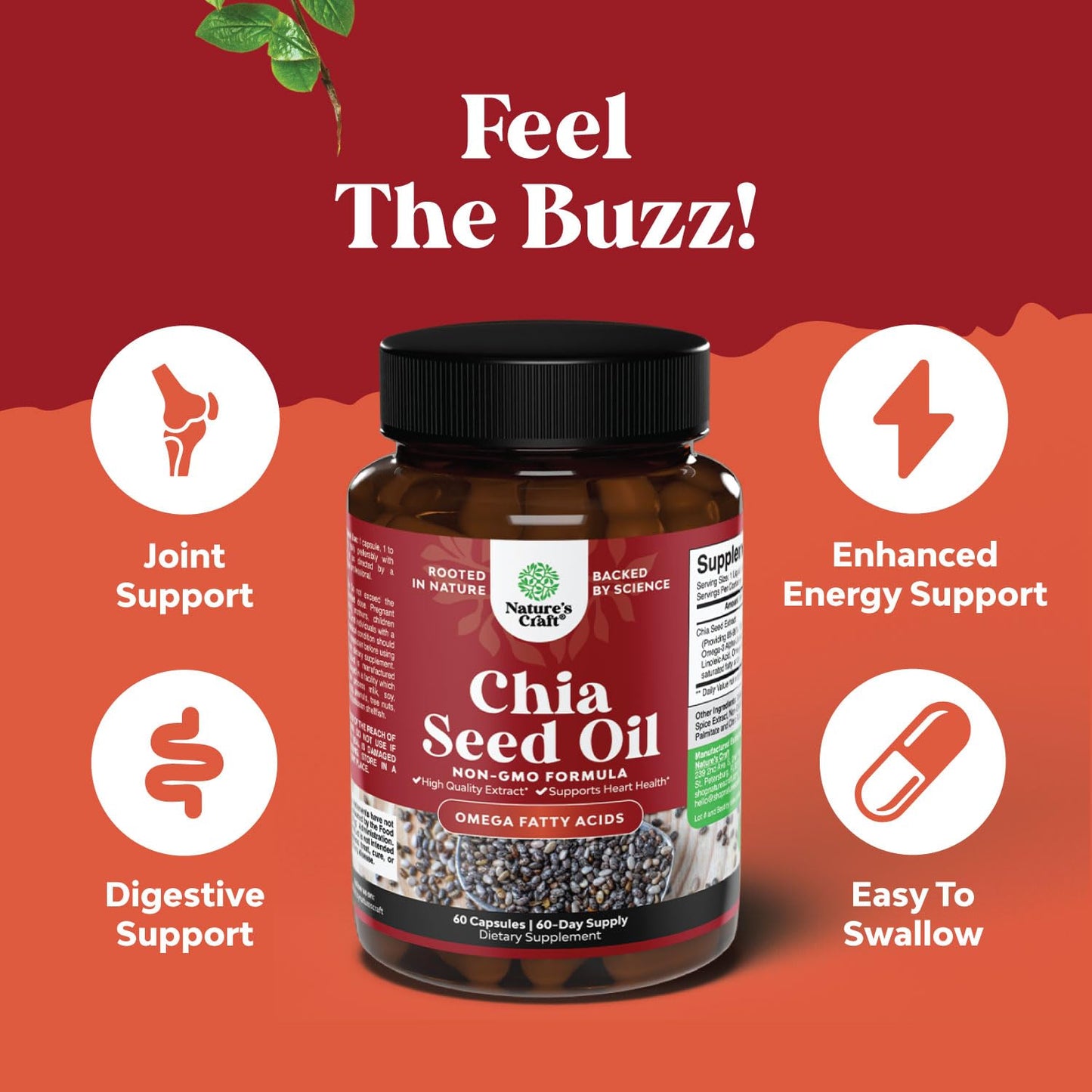 Natures Craft Chia Seed Oil Extract Capsules - Plant Based Omega-3-6-9, Digestive & Immune Support, Heart Health, 60 Count