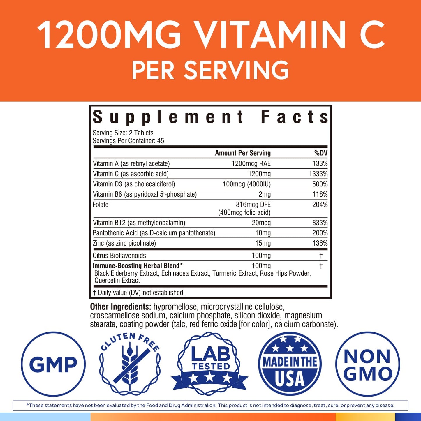 Terranics Vitamin C Elderberry Zinc with Vitamin D3 A B6 B12 Folate Rose Hips Citrus Bioflavonoids Turmeric Echinacea 14-in-1 Daily Immune Support, 90 Tablets
