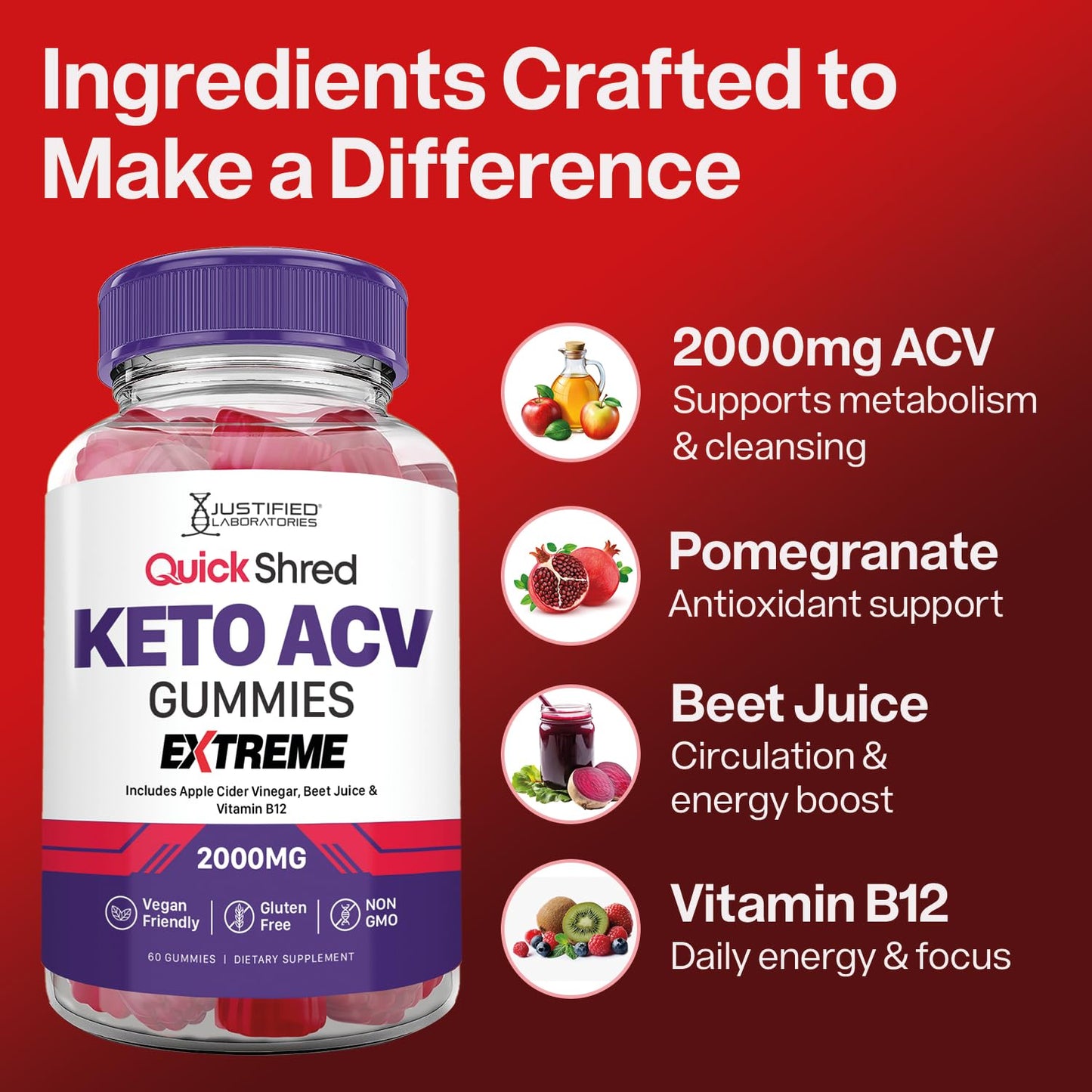 Justified Laboratories Quick Shred Keto ACV Gummies Extreme Advanced Formula 2000mg Apple Cider Vinegar Gummies with Pomegranate Beet Juice Powder & B12, Vegan, Non-GMO, 60 Gummies