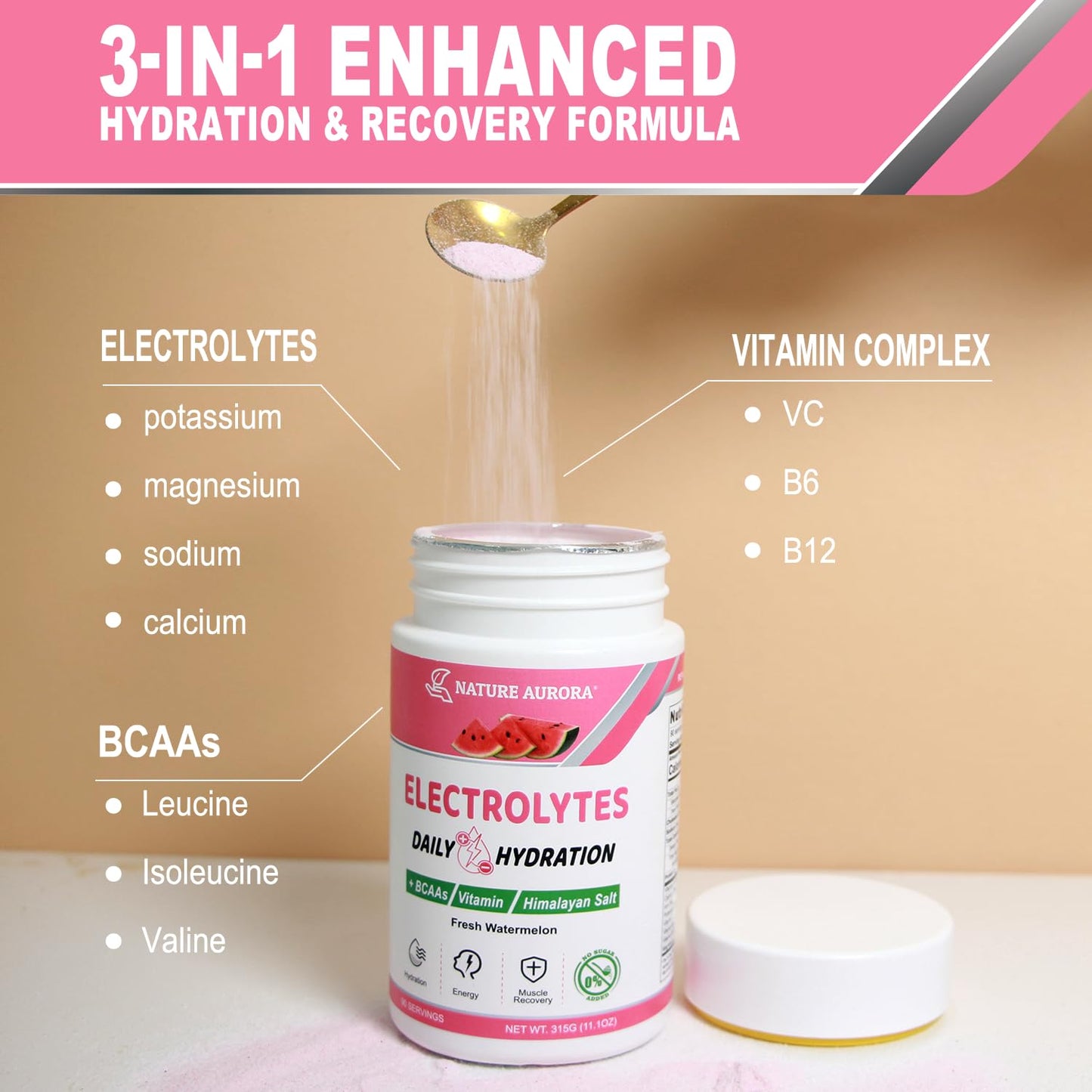 Nature Aurora Electrolytes Powder No Sugar, Fresh Watermelon Flavor, 90 Servings, 11.1 oz