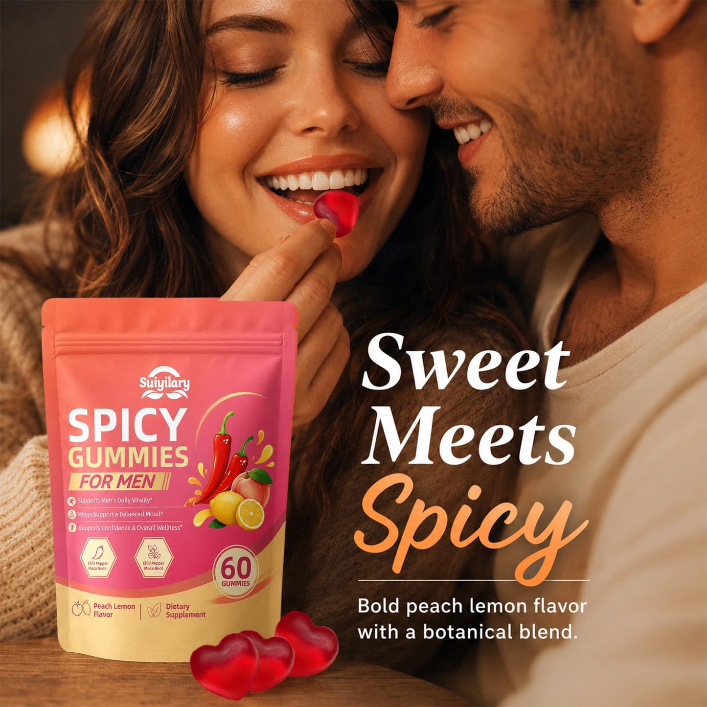Suiyilary Spicy Gummies Cubes for Couples, Adults Hot Peach Flavor, Gummy, 60 Count