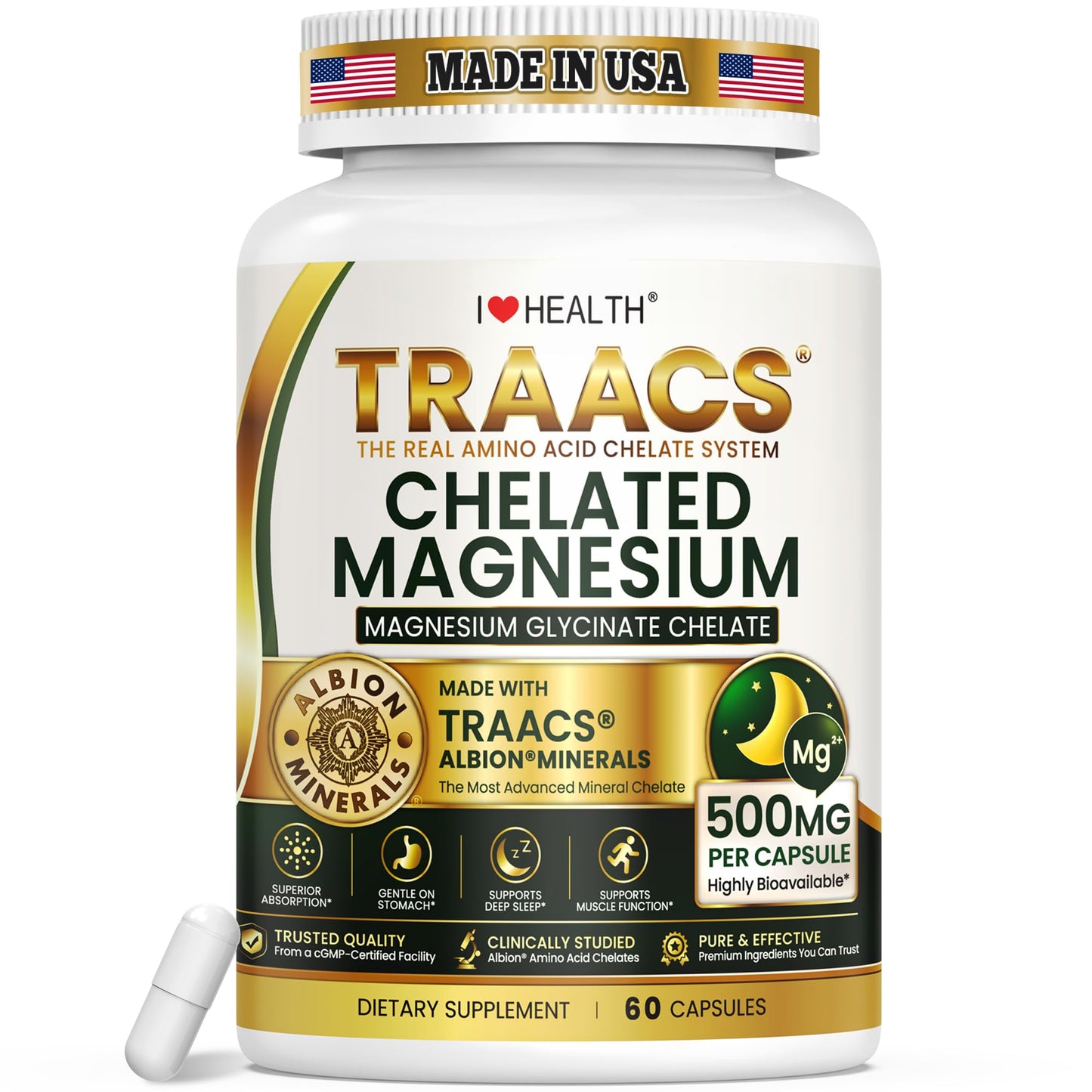 I LOVE HEALTH Magnesium Glycinate 500mg Chelated Magnesium Supplement, Capsule, 60 Capsules