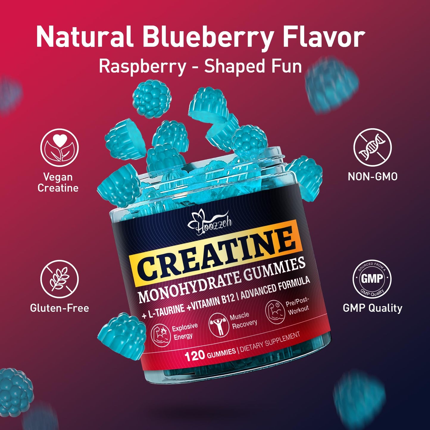 Hoozzch Blueberry Creatine Monohydrate Gummies, 120 Gummies