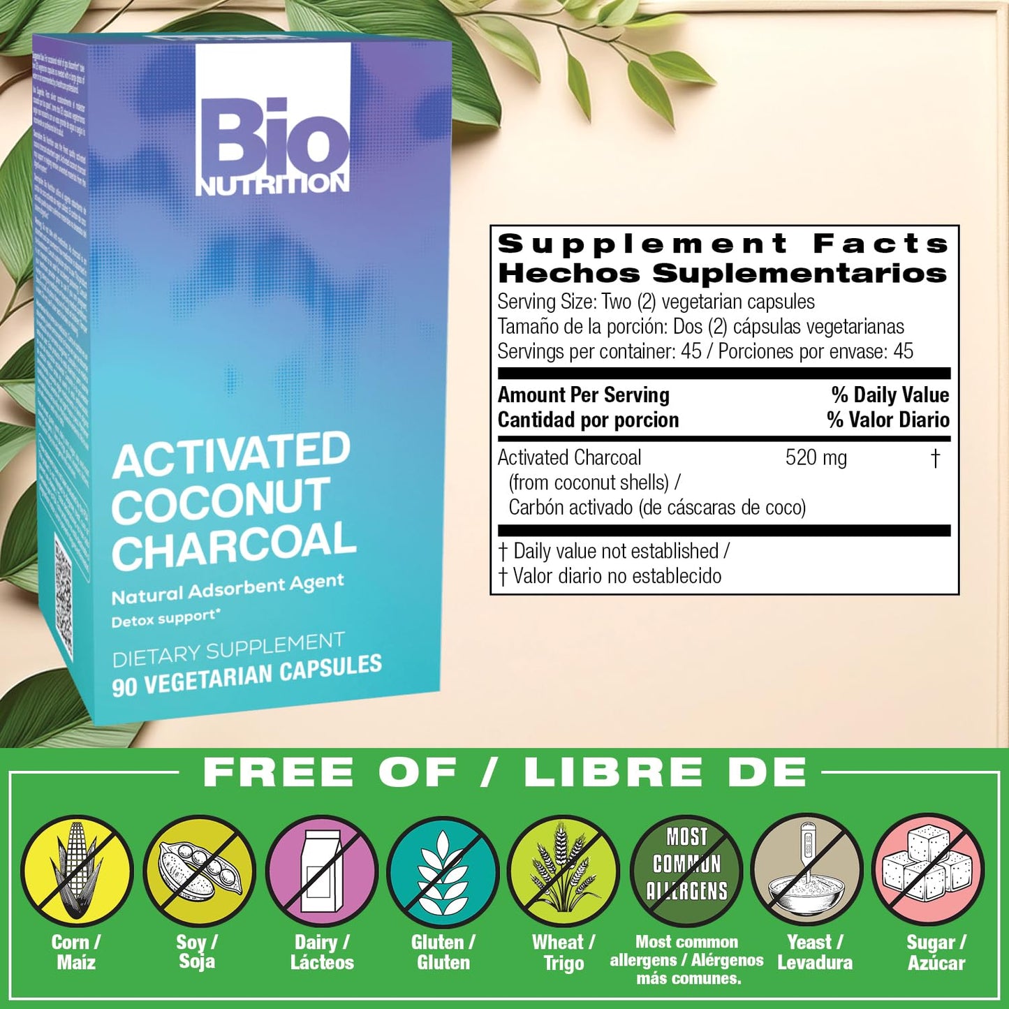 Bio Nutrition Activated Charcoal 520 mg Vegetarian Capsules, 90 Capsules