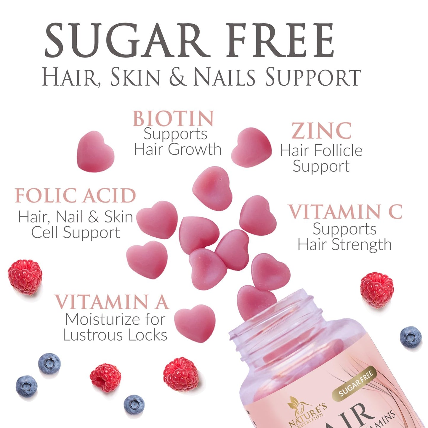 Nature's Nutrition Hair Vitamins with Biotin 5000 mcg per Serving Gummies - Sugar Free - Supports Hair and Nails - Vegetarian - 120 Gummies
