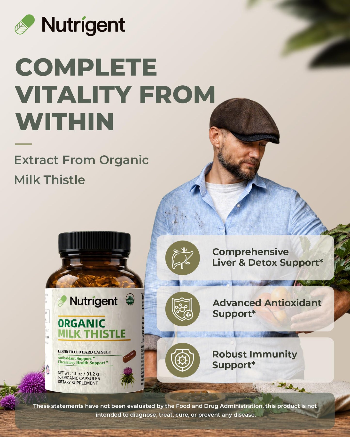 Nutrigent USDA Organic Milk Thistle Liver Support 60 Capsules