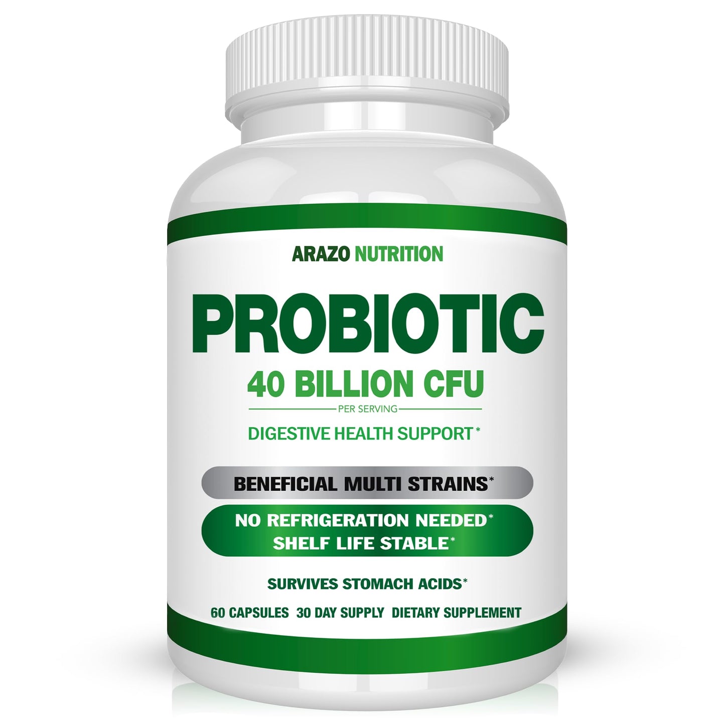 Arazo Nutrition Probiotic 40 Billion CFU Per Serving Time Delay Release with Prebiotics and Acidophilus, 60 Capsules