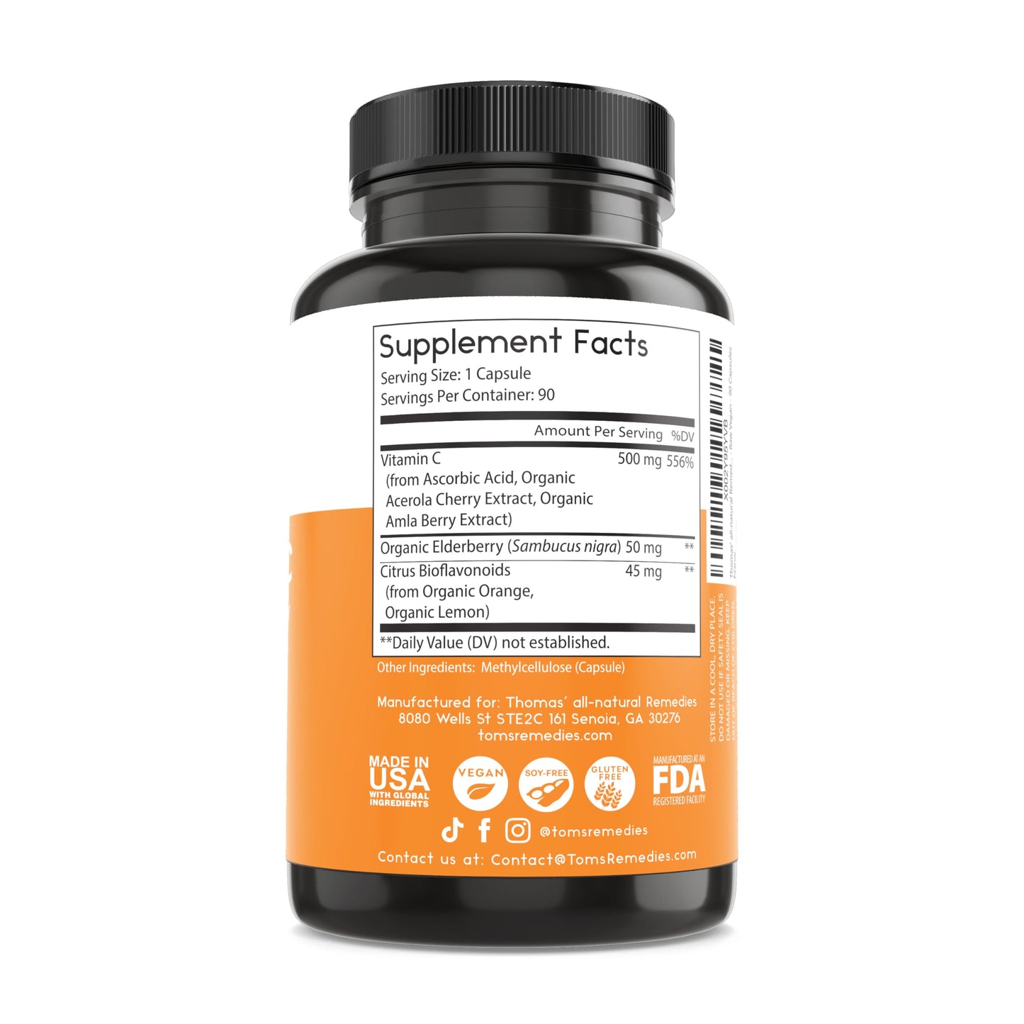 Thomas' all-natural Remedies Vitamin C Supplement with Organic Elderberry Capsules 90 Count