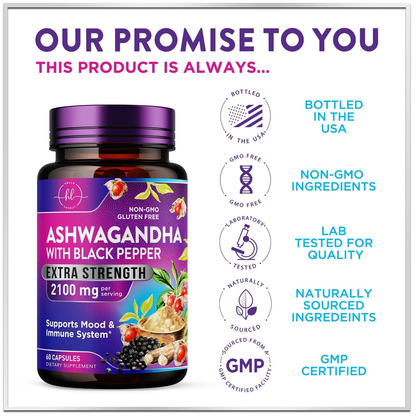 Hello Lovely! Ashwagandha Supplements for Women - Extra Strength Ashwagandha Capsules with Plant Powder & Root Extract, 60 Capsules